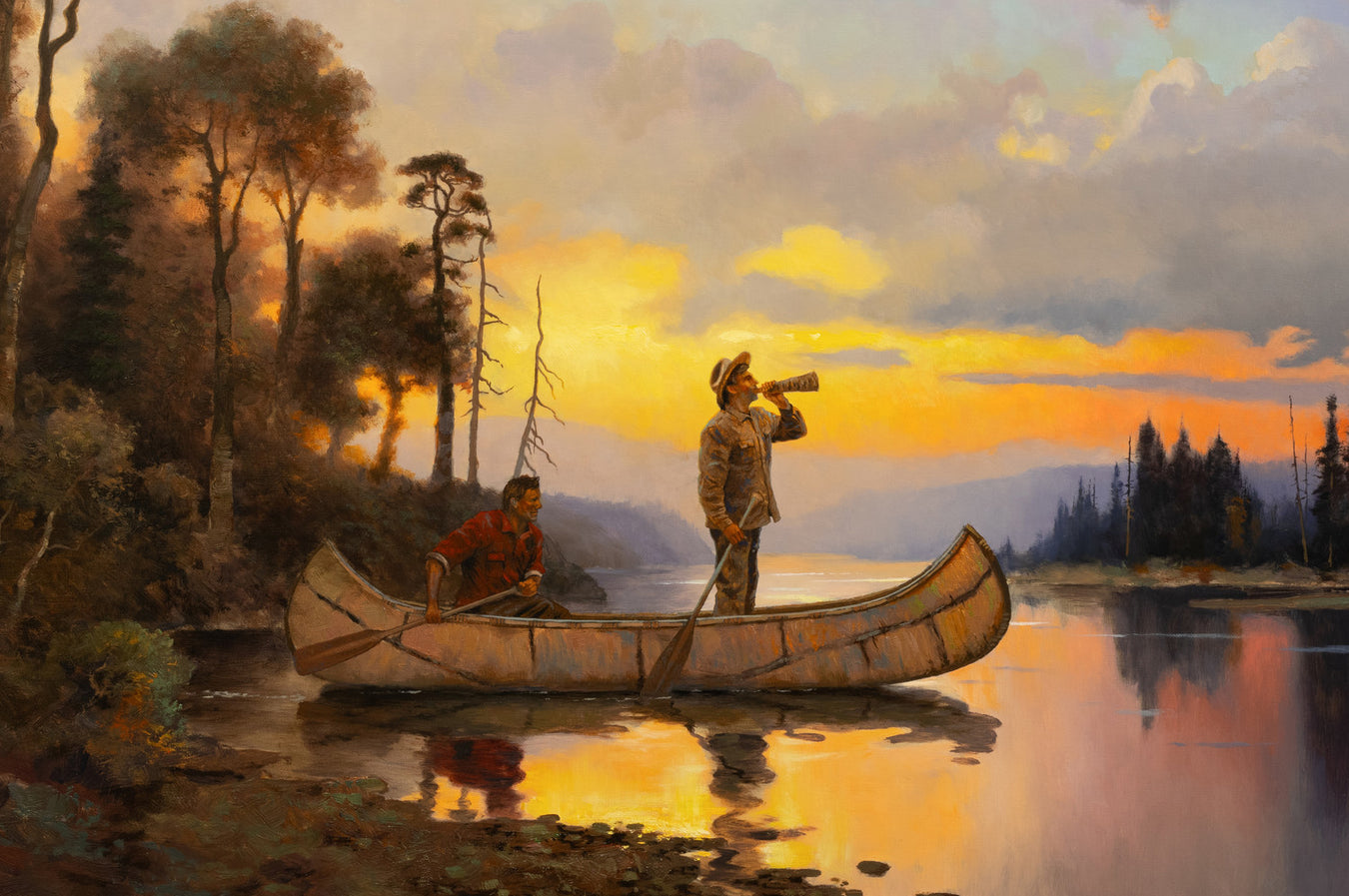 Greg Parker oil painting of two men in a canoe hunting moose