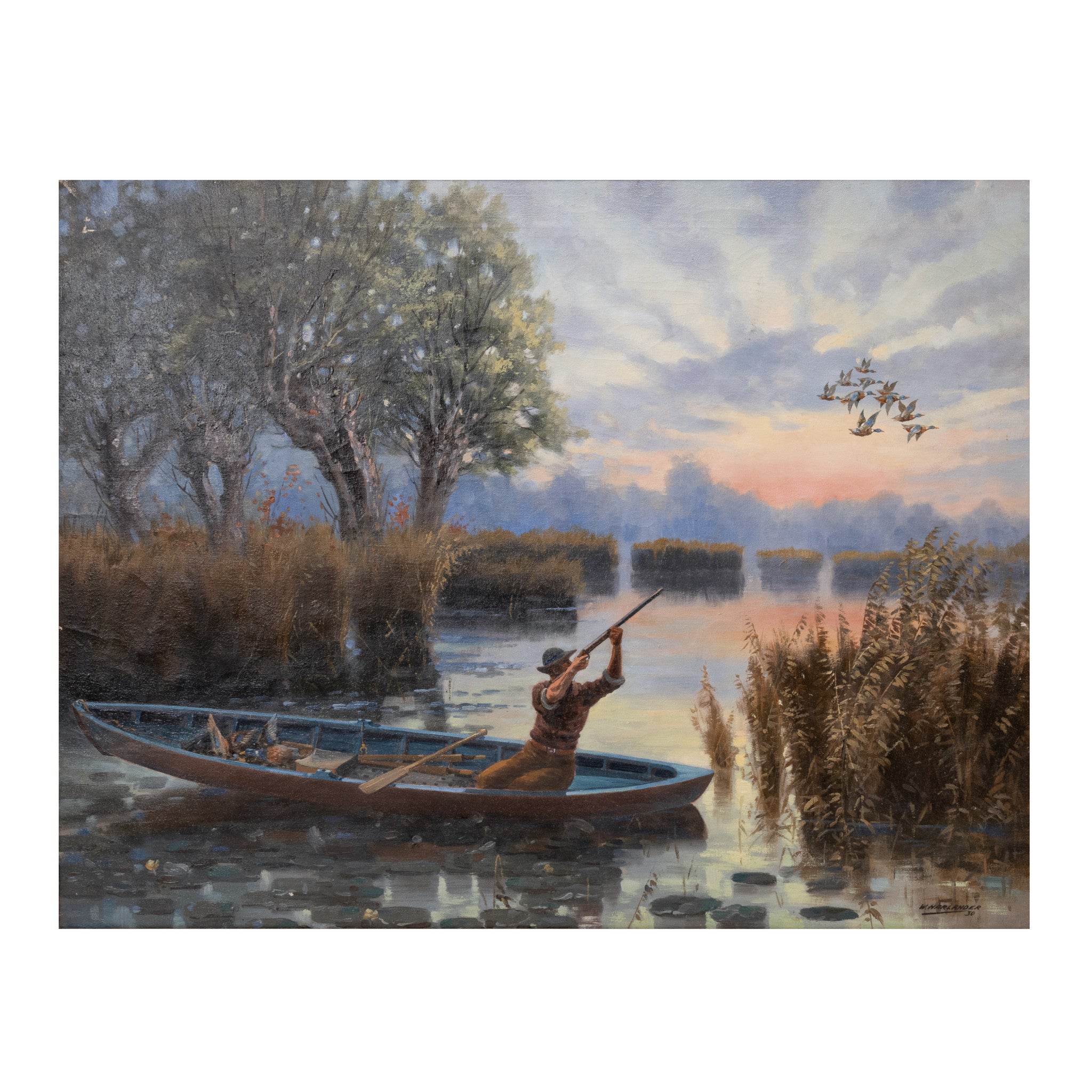 Duck Hunter in a Boat, Fine Art, Painting, Sporting