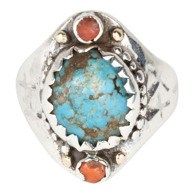 Hand Stamped Turquoise and Coral Ring, Jewelry, Ring, Native