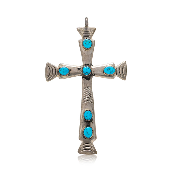 Navajo Sleeping Beauty Turquoise Cross Pendant, Jewelry, Necklace, Native