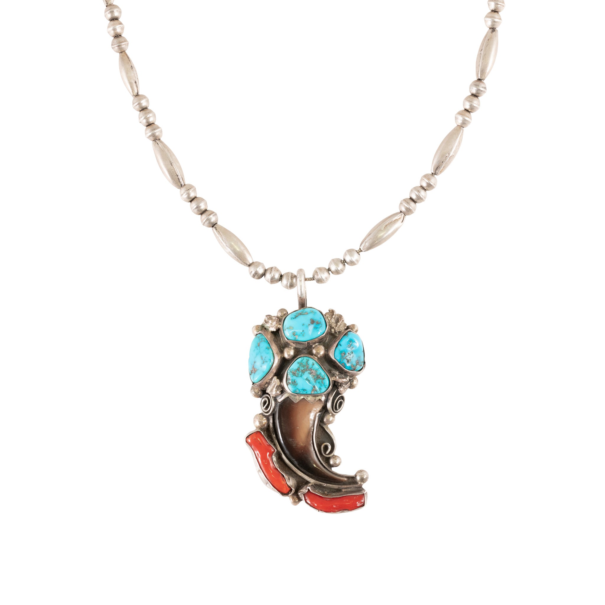 Navajo Turquoise, Coral and Bear Claw Pendant