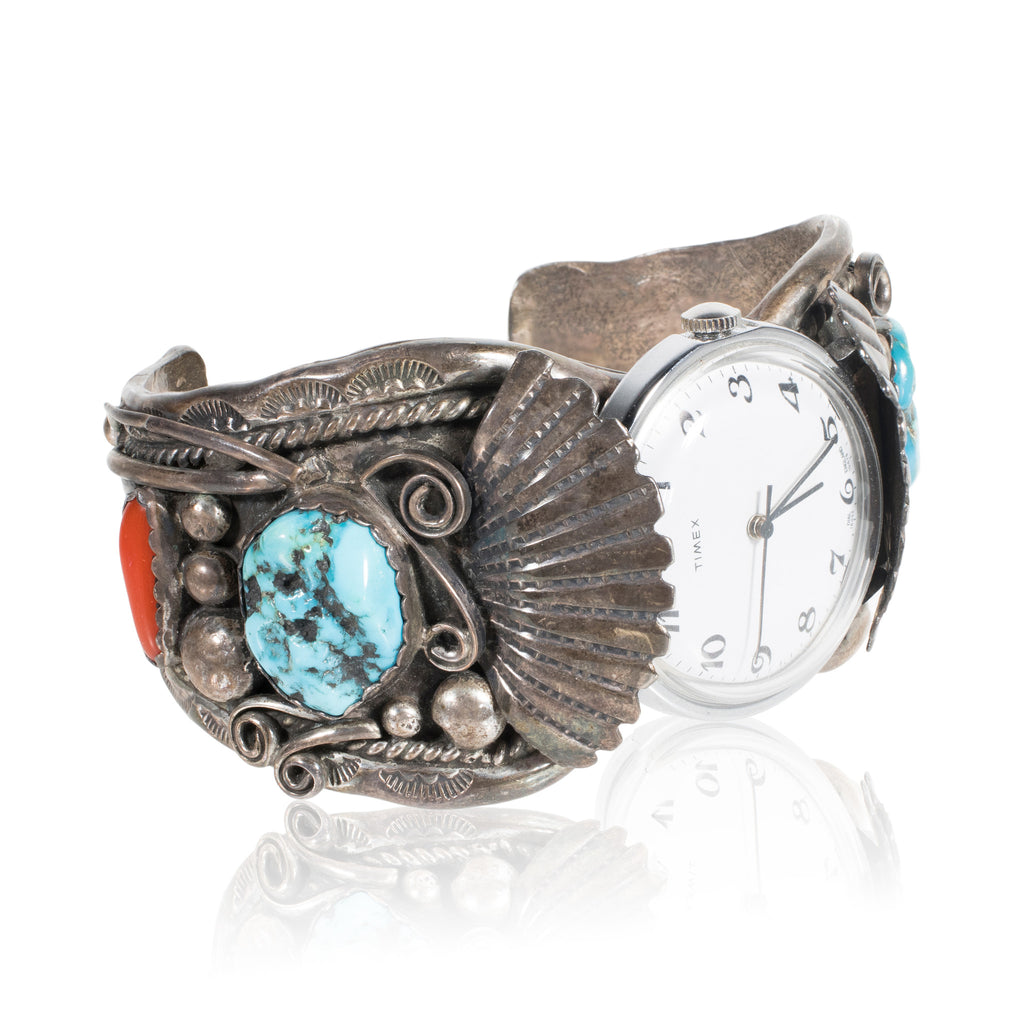 Vintage Navajo Silver, Turquoise, Coral popular Watch Band