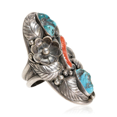 Kingman Turquoise and Coral Ring, Jewelry, Ring, Native