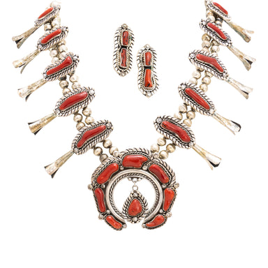 Navajo Coral Squash Blossom, Jewelry, Set, Native