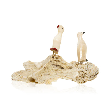 Inuit Walrus Ivory Puffins on Rock, Native, Carving, Ivory