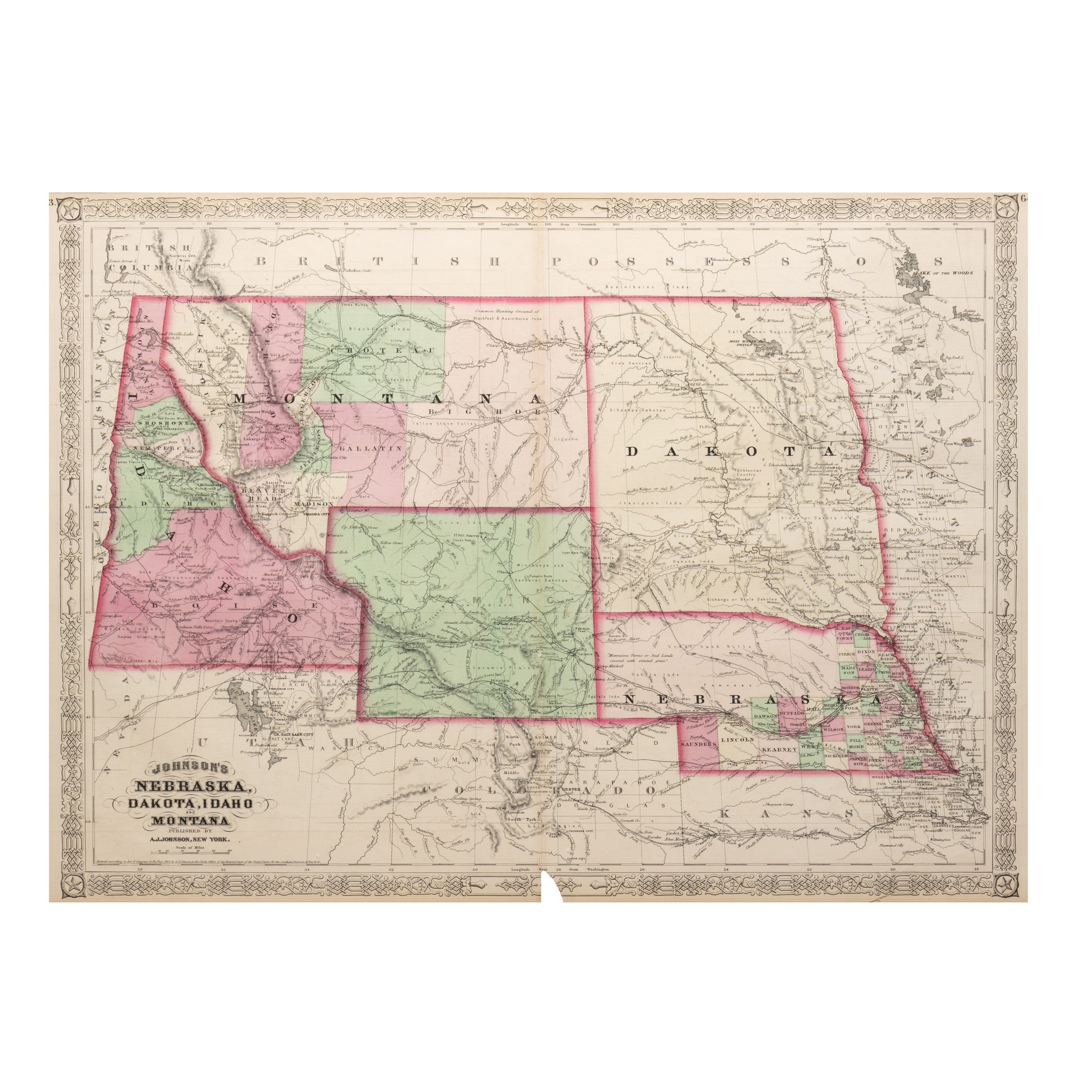 1865 Johnson's Nebraska/Dakota/Idaho/Montana Map