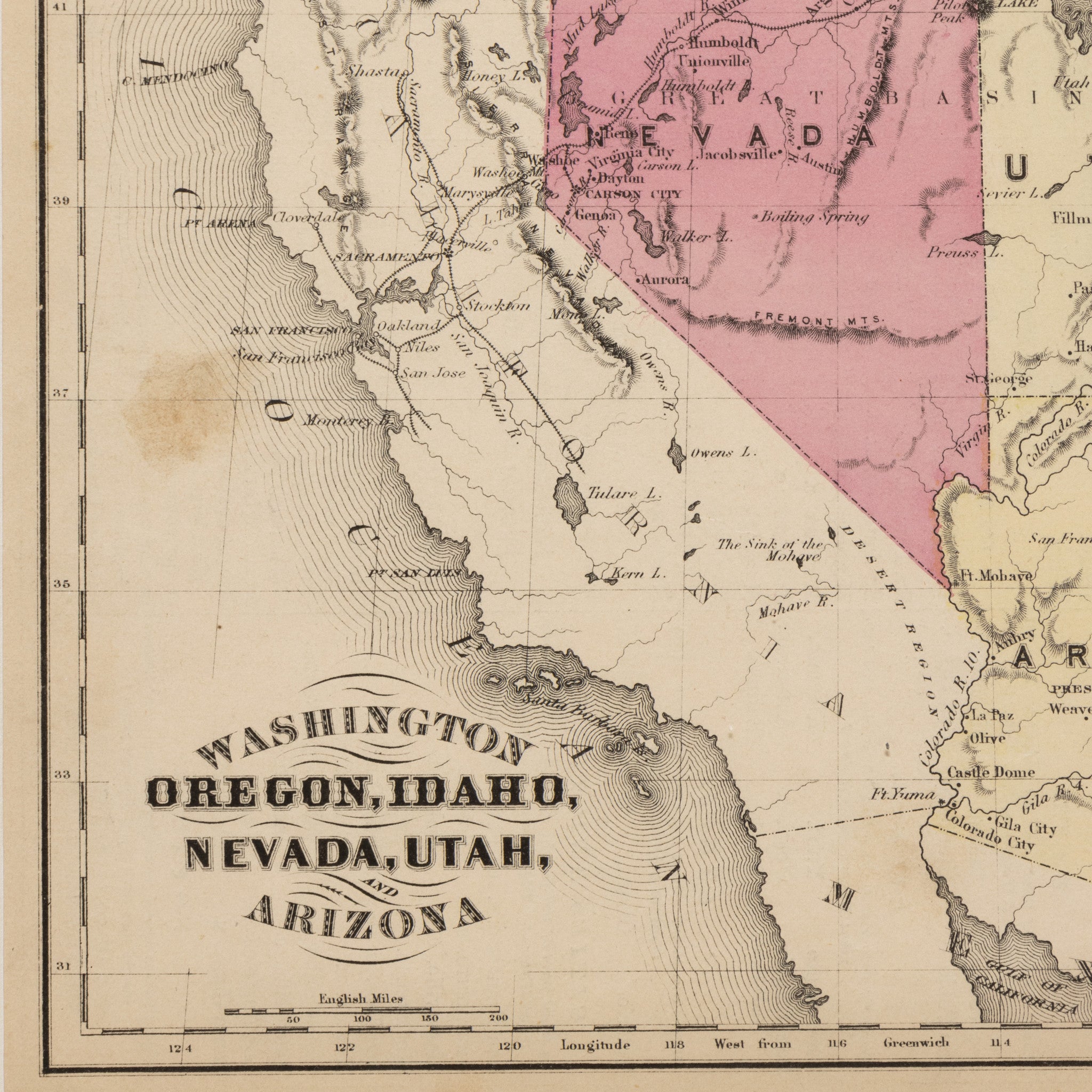 1870 Washington/Oregon/Idaho/Nevada/Utah/Arizona Map