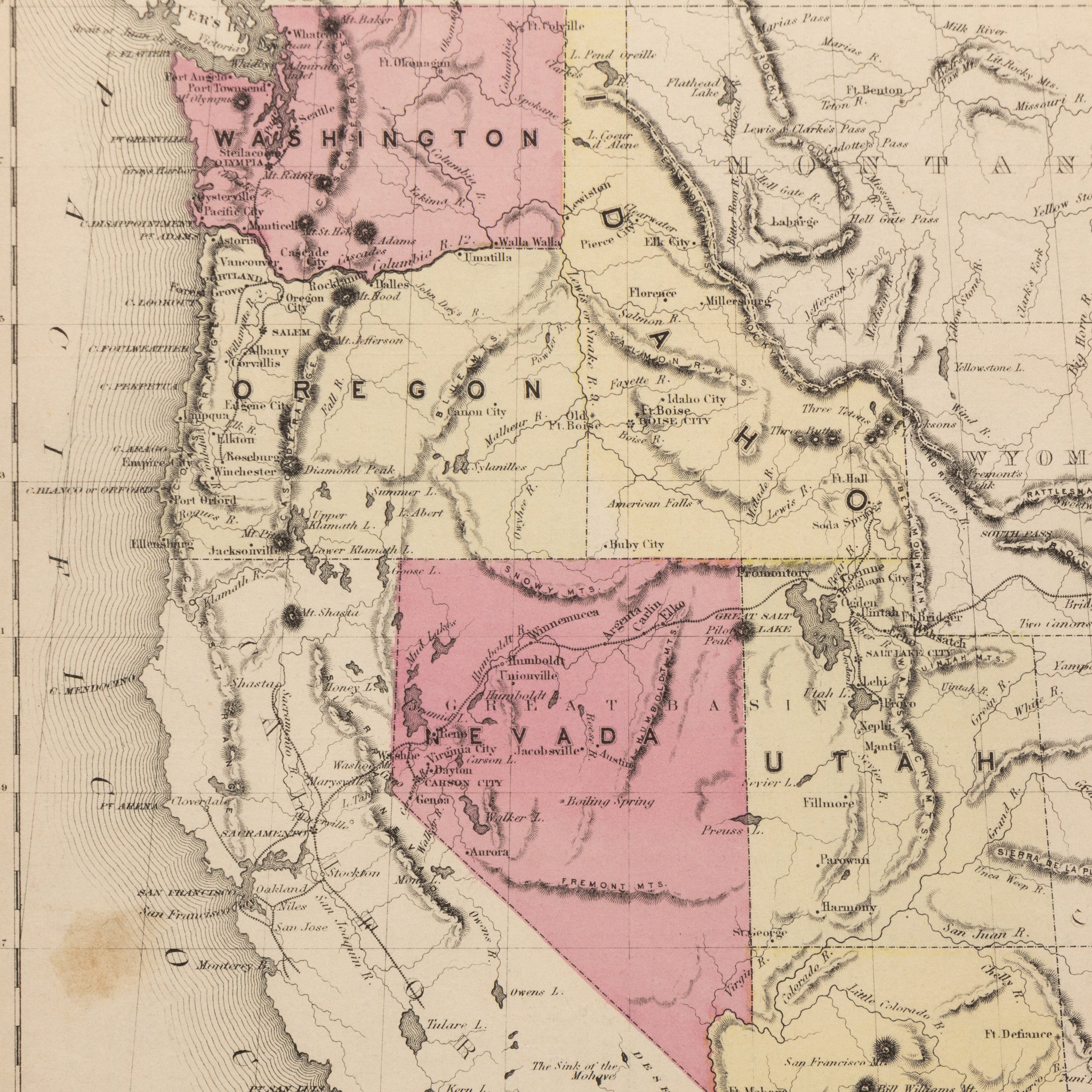 1870 Washington/Oregon/Idaho/Nevada/Utah/Arizona Map