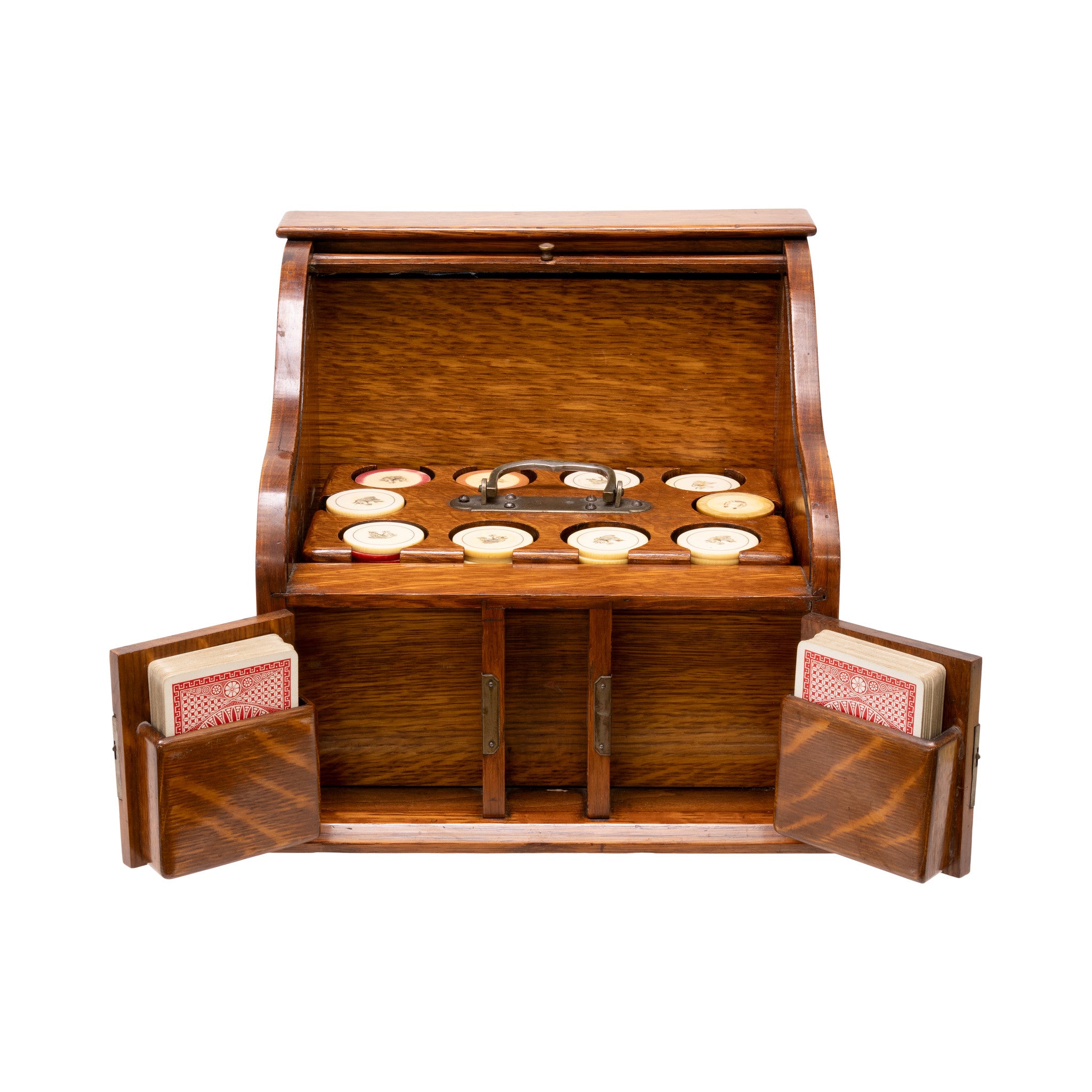 Set of Ivory Poker Chips in Oak Case, Western, Gaming, Poker Chips