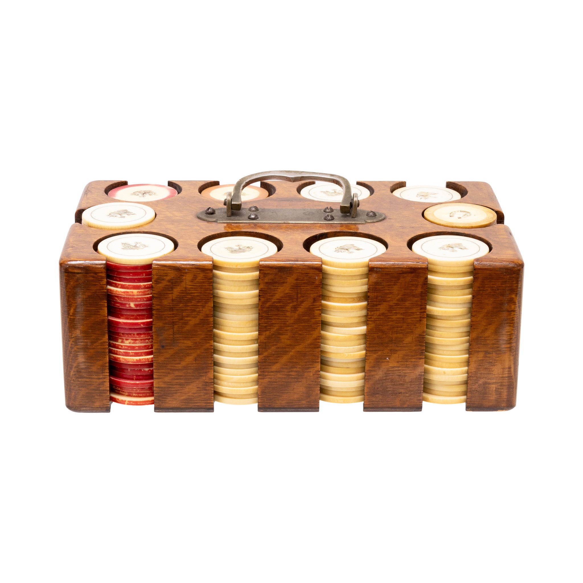 Set of Ivory Poker Chips in Oak Case