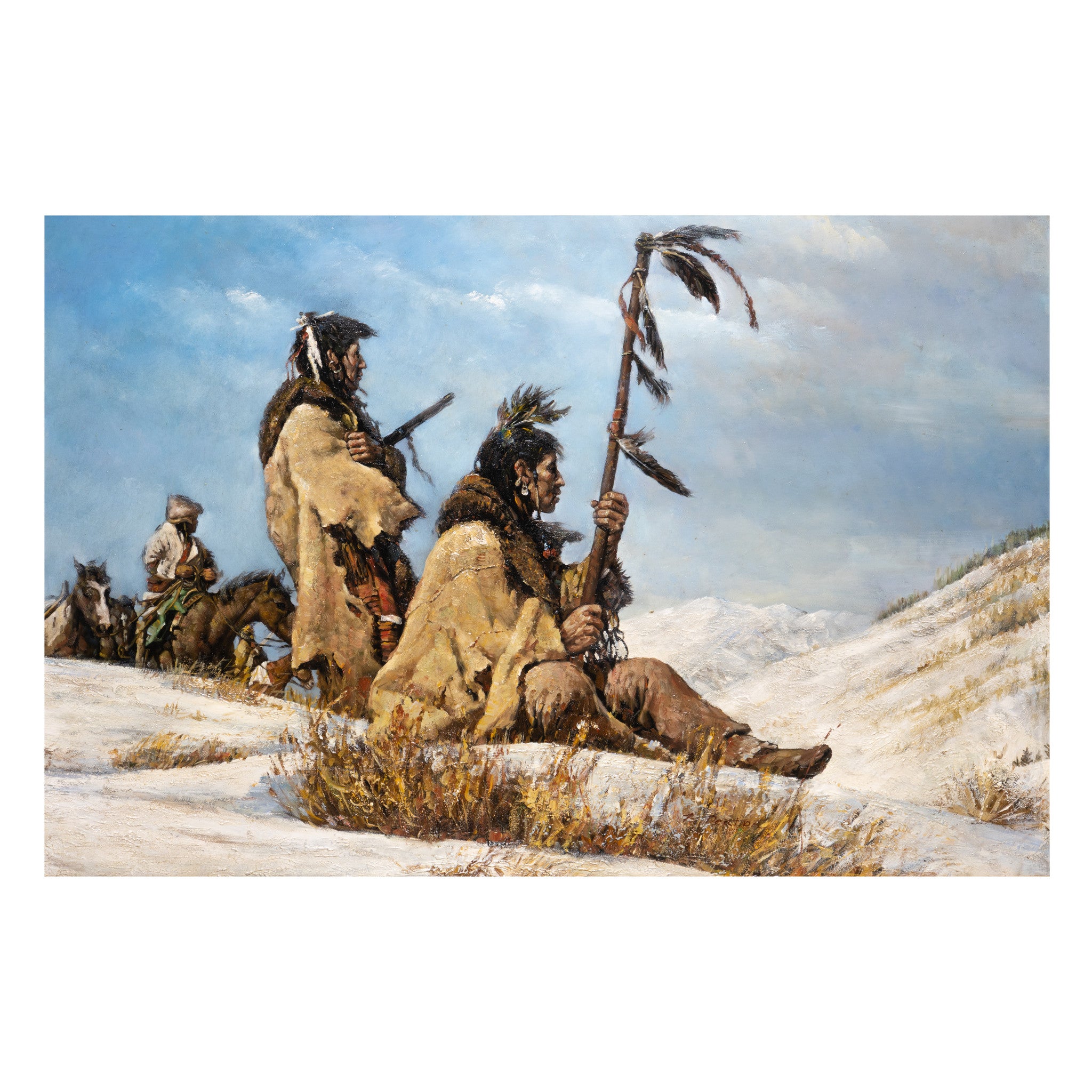 Indian Warriors in Snowy Mountains by Troy Denton, Fine Art, Painting, Native American