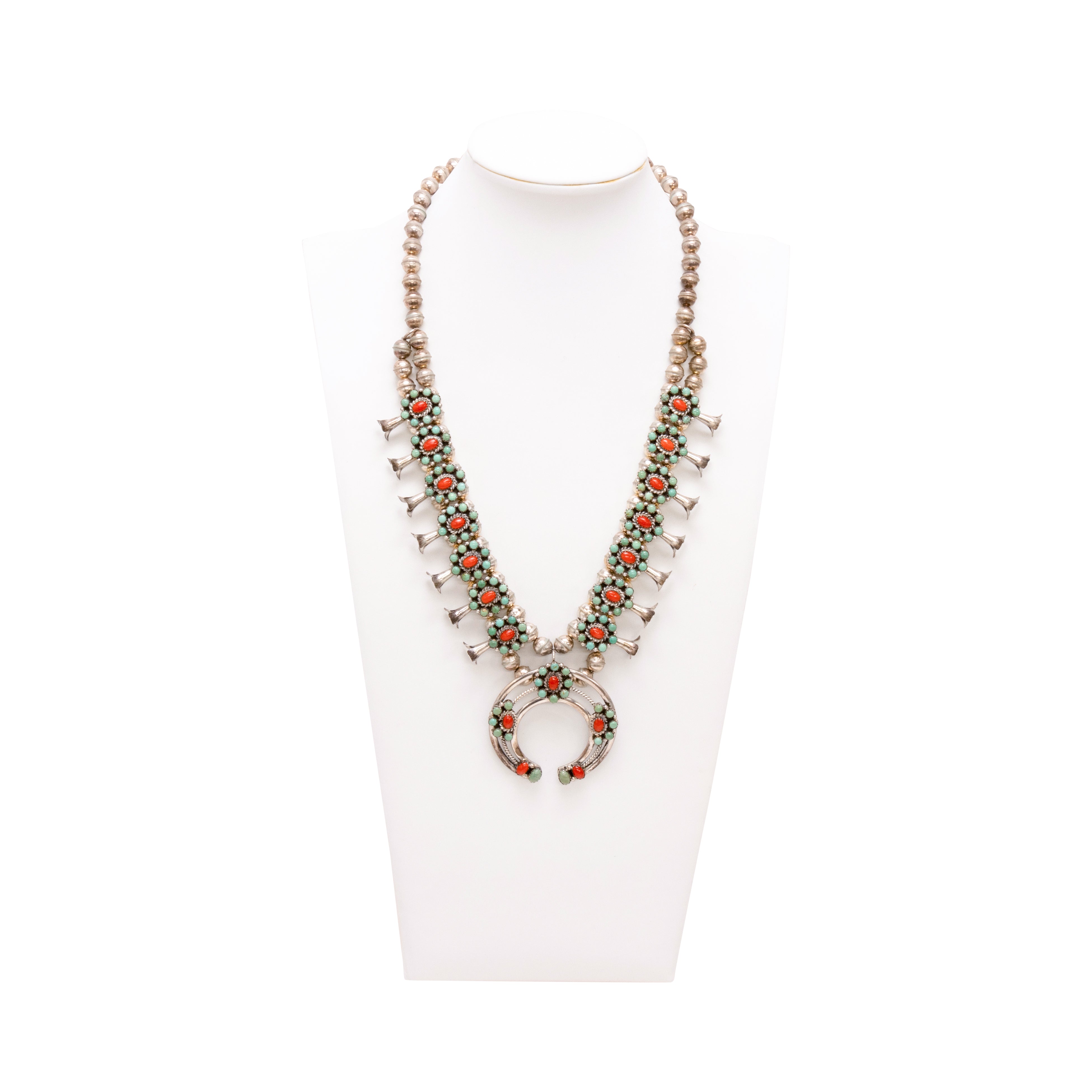 Navajo Turquoise and Coral Squash Blossom