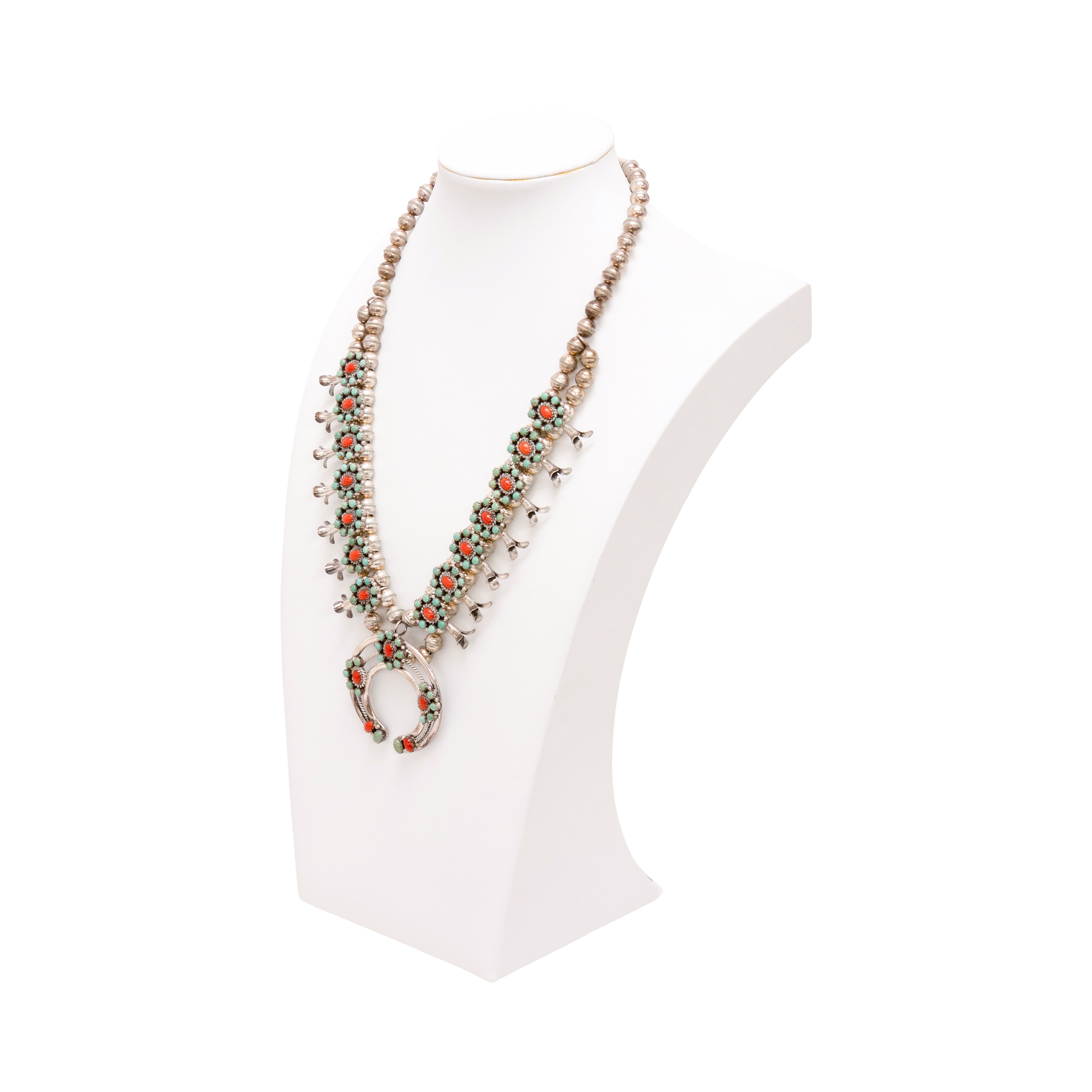 Navajo Turquoise and Coral Squash Blossom