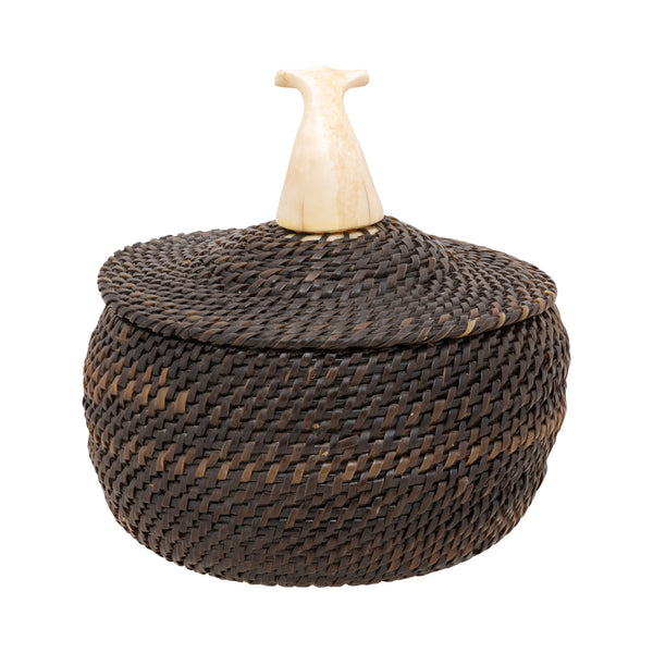 Alaskan Lidded Baleen Basket by John Long Sr., Native, Basketry, Vertical