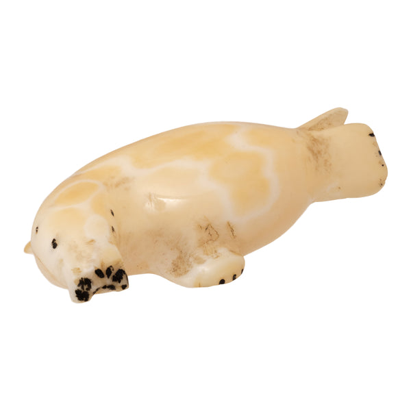 Miniature Inuit Fossilized Ivory Seal, Native, Carving, Ivory