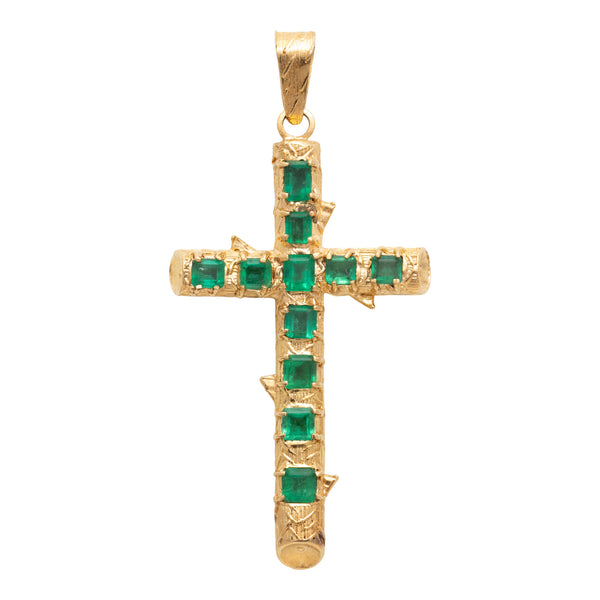 18K Yellow Gold Emerald Cross Pendant, Jewelry, Necklace, Estate