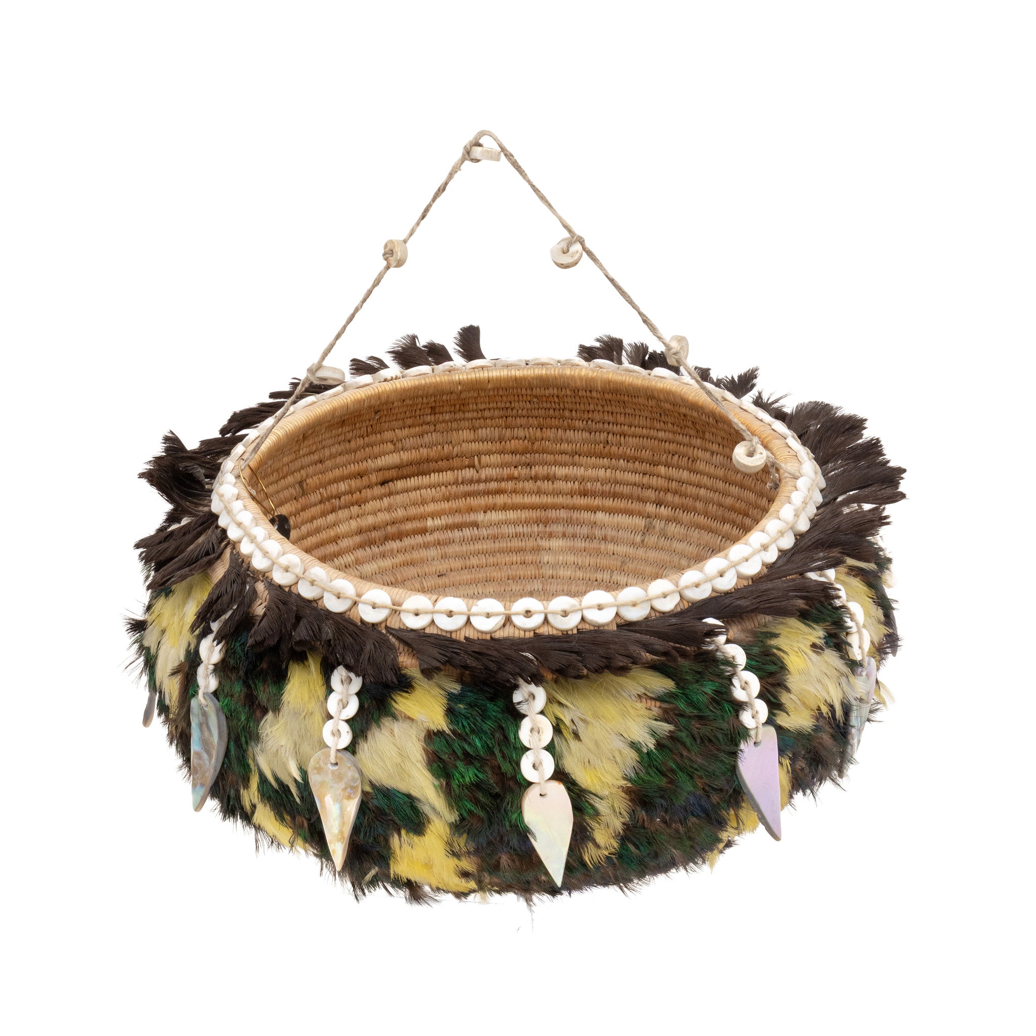 Pomo Gift Basket with Abalone Shell Drops, Native, Basketry, Vertical