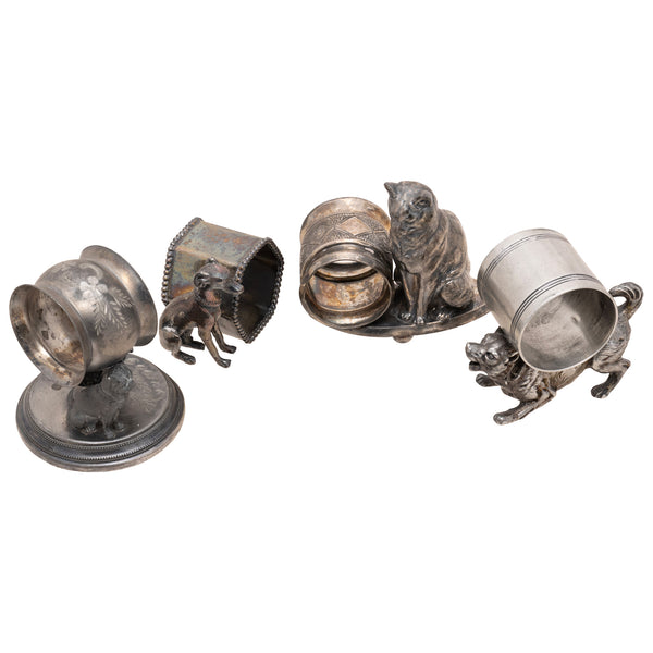 Four Cat and Dog Victorian Silverplate Napkin Rings, Furnishings, Dining, Serveware
