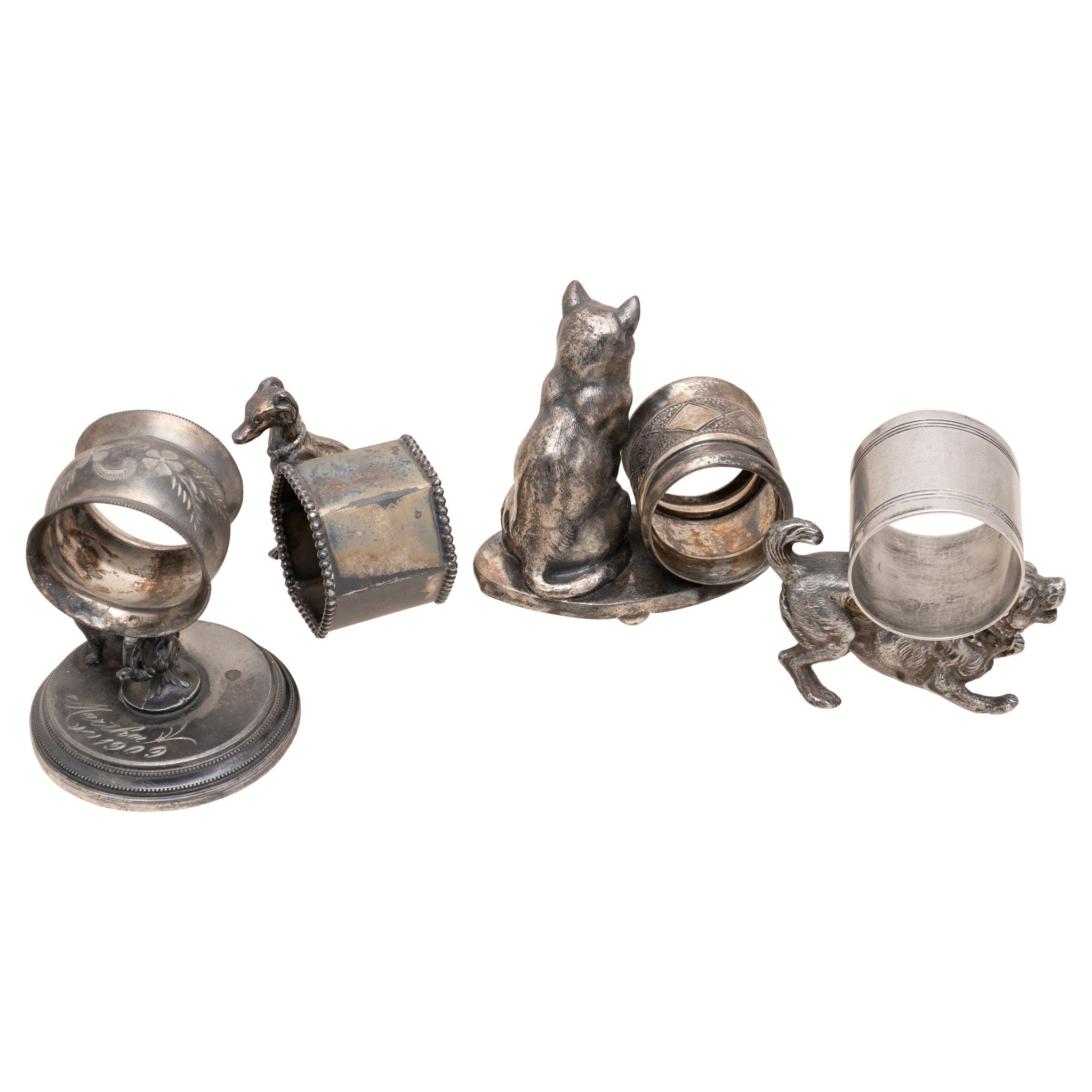 Four Cat and Dog Victorian Silverplate Napkin Rings