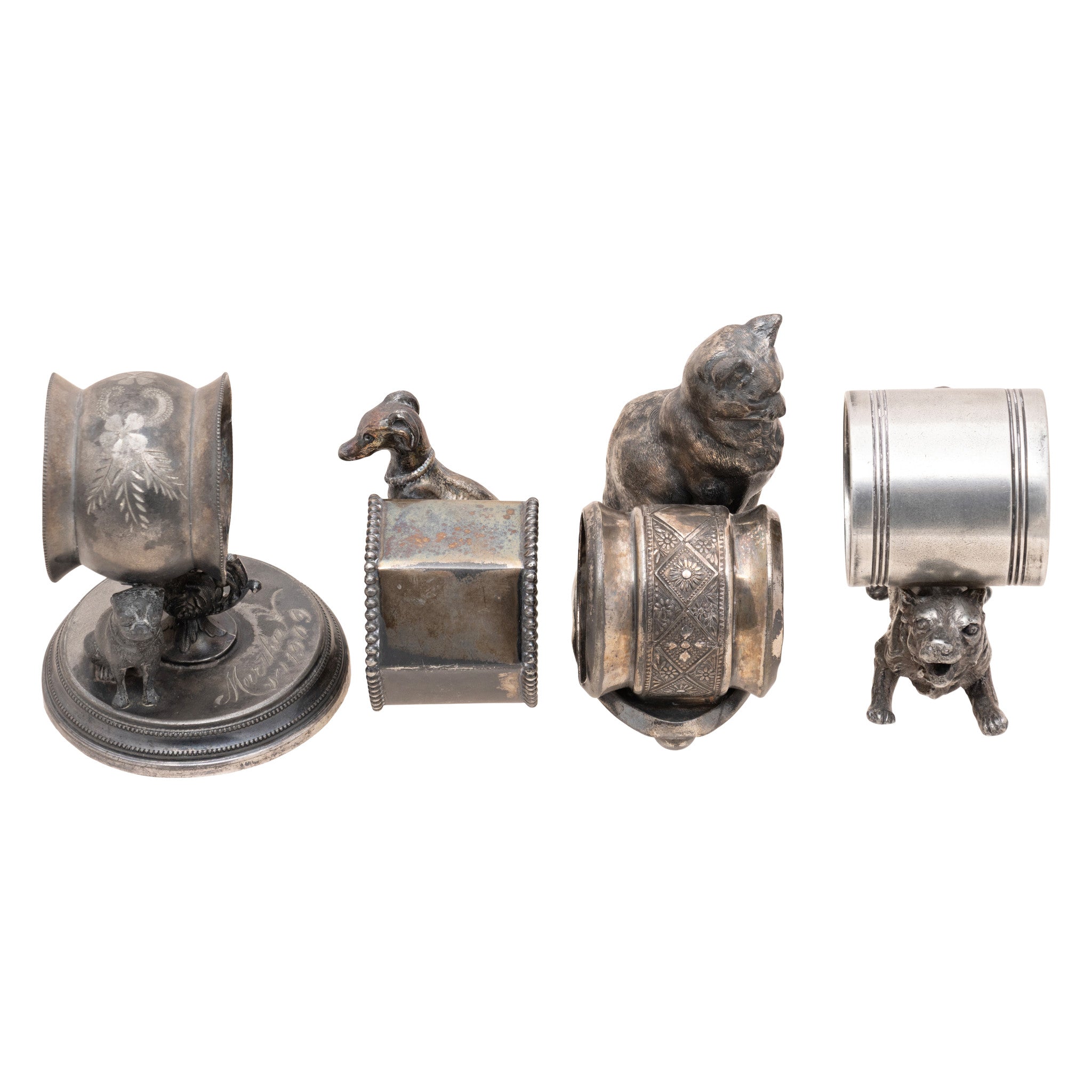 Four Cat and Dog Victorian Silverplate Napkin Rings
