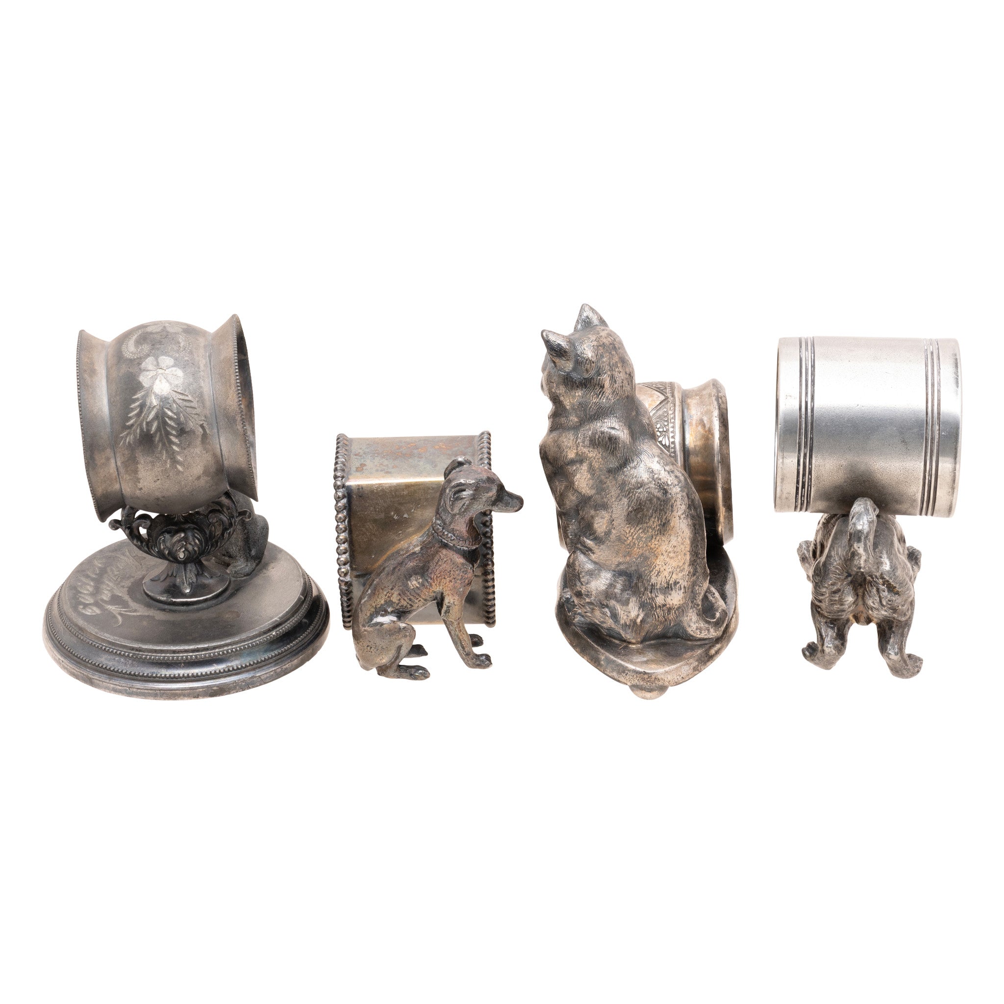Four Cat and Dog Victorian Silverplate Napkin Rings