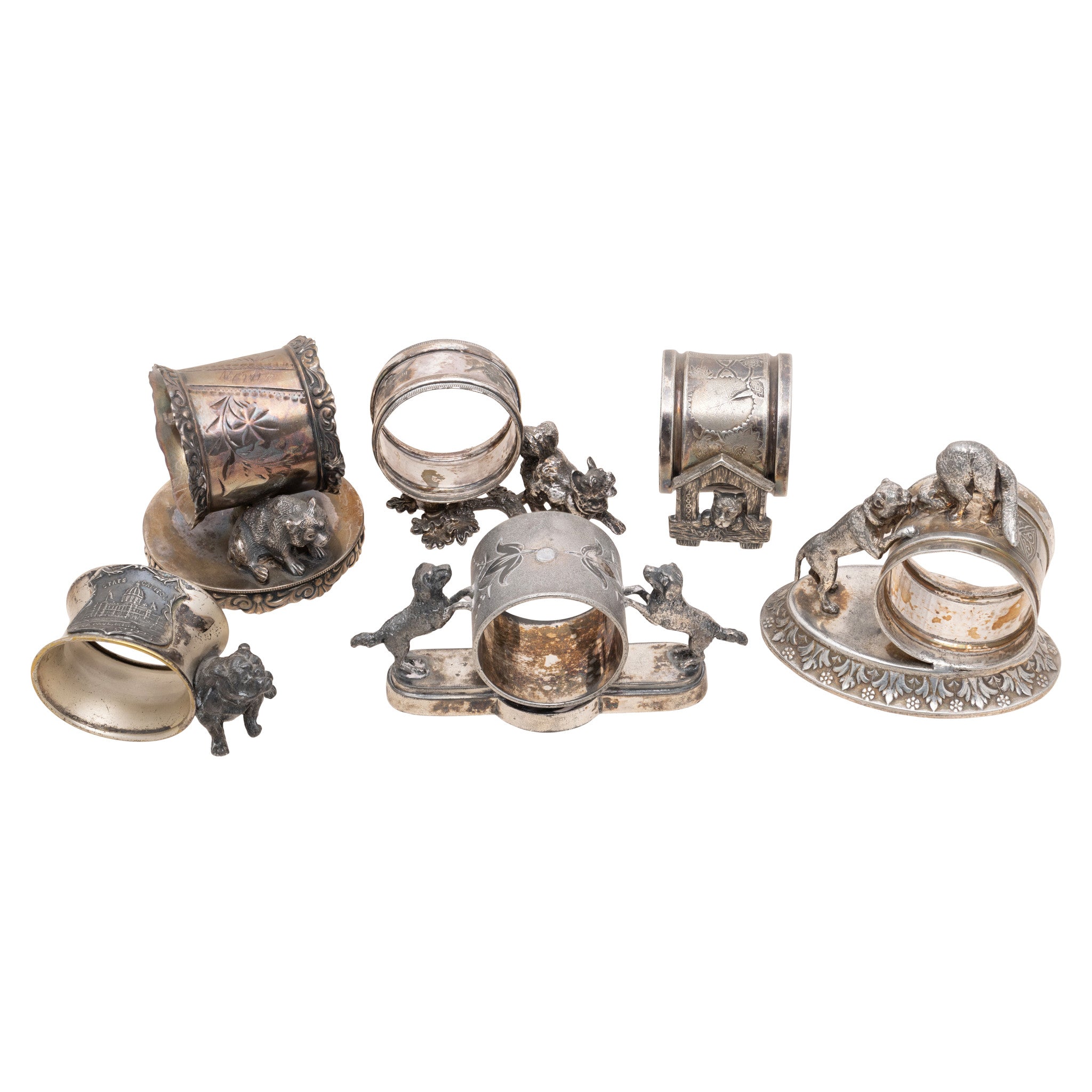 Six Silverplate Victorian Animal Napkin Rings, Furnishings, Dining, Serveware