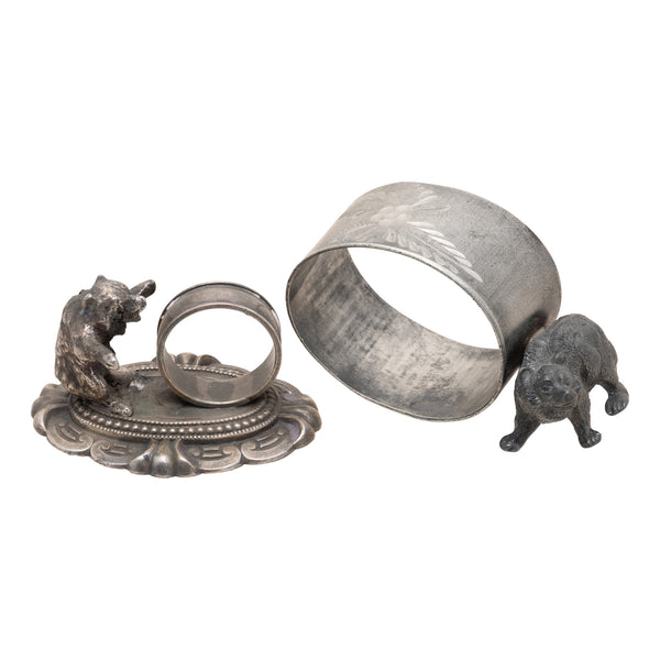 Two Victorian Silverplate Bear Napkin Rings, Furnishings, Dining, Serveware