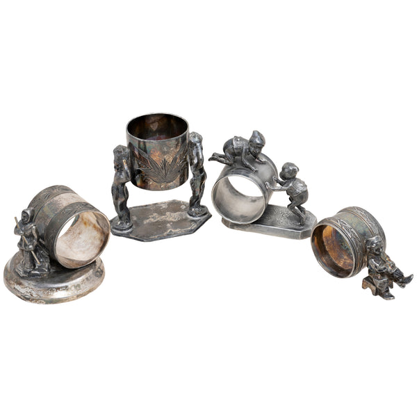 Four Figural Victorian Silverplate Napkin Rings, Furnishings, Kitchen, Other