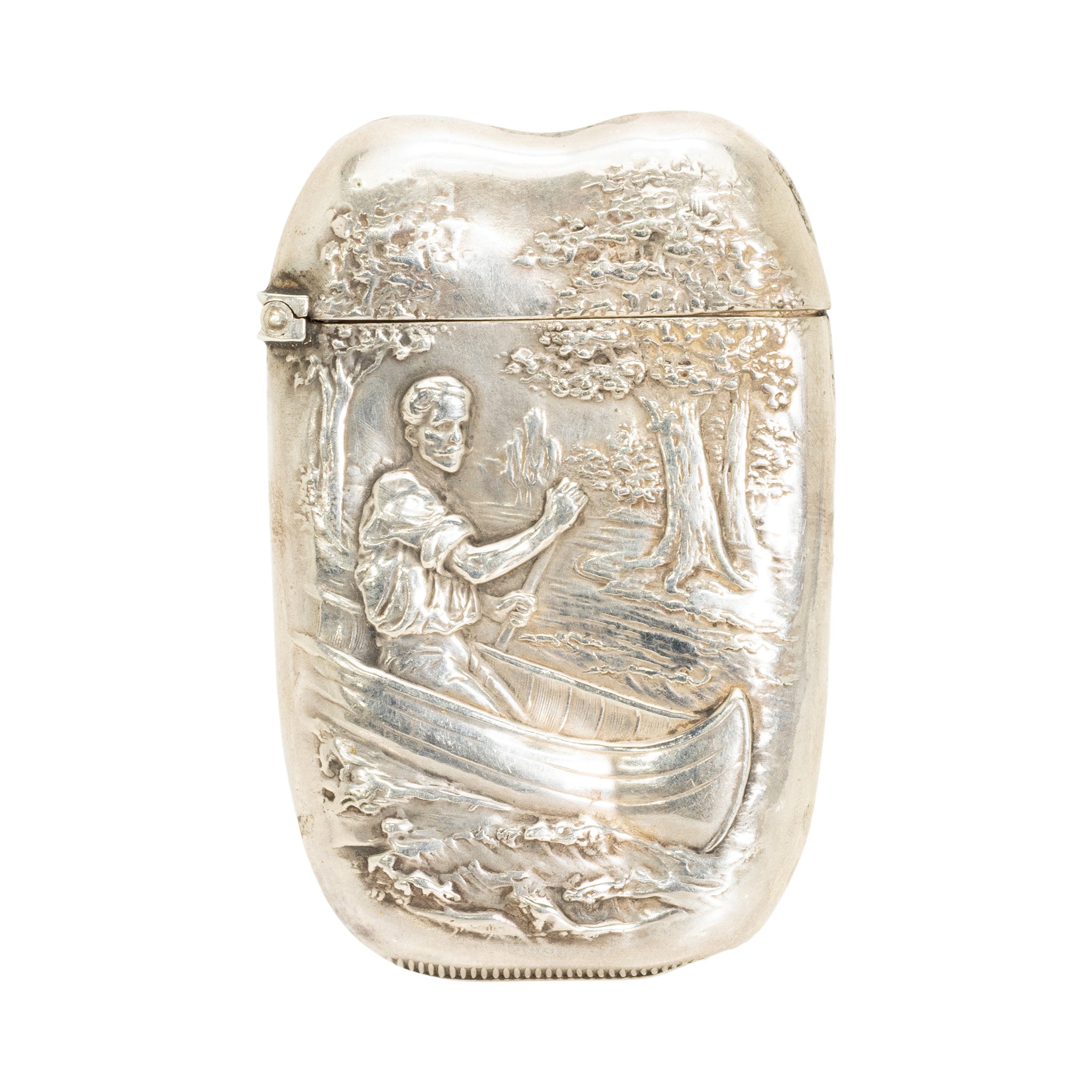 Sterling Silver Match Safe With Man in Canoe, Western, Tobacciana, Match Safe