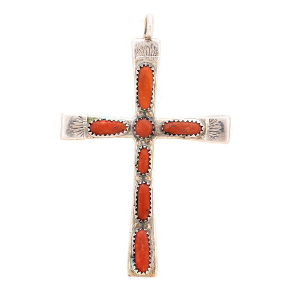 Navajo Coral Cross Pendant, Jewelry, Necklace, Native