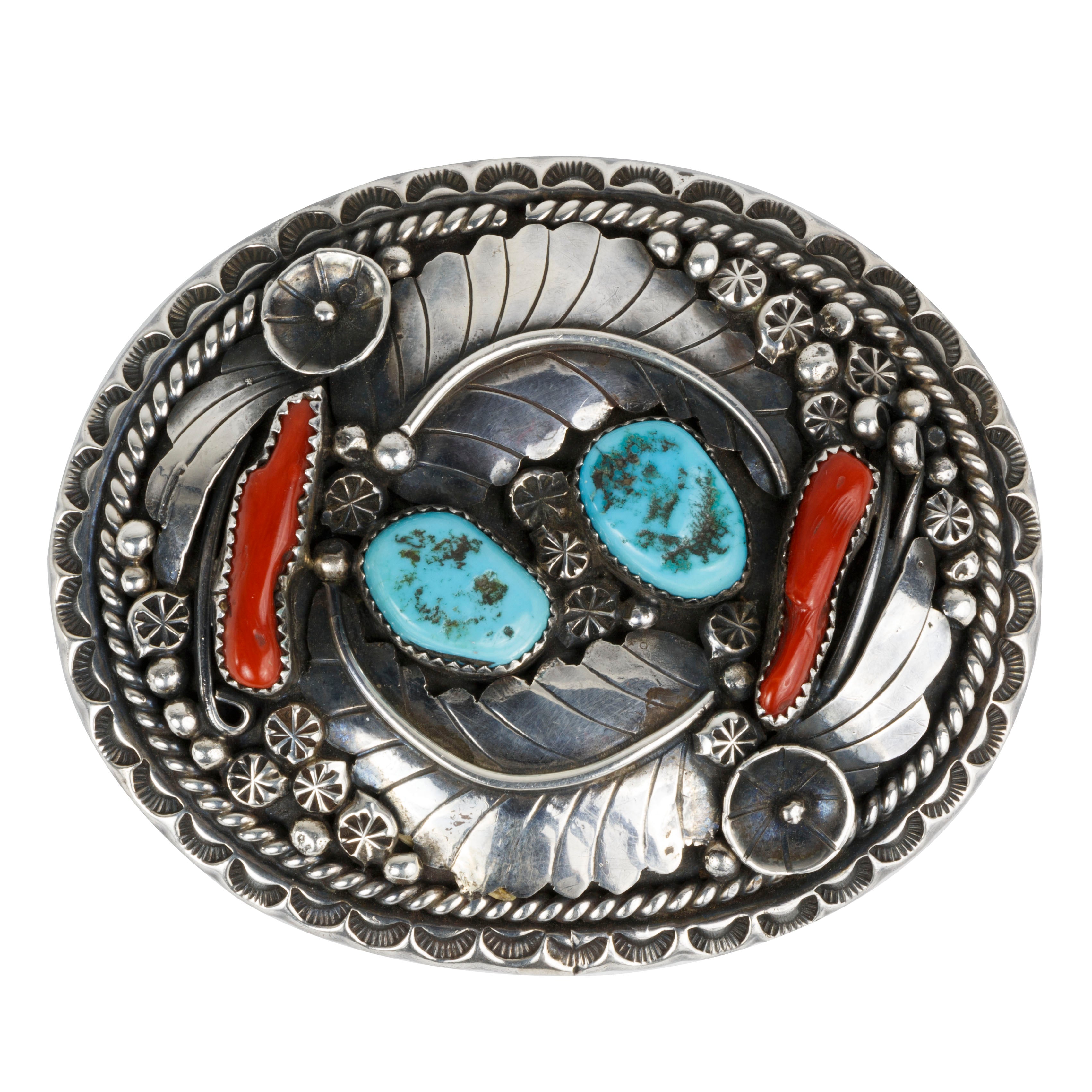 Navajo Coral and Turquoise Buckle, Jewelry, Buckle, Native