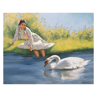 "Girl with Swan" by Peter Darro, Fine Art, Painting, Native American