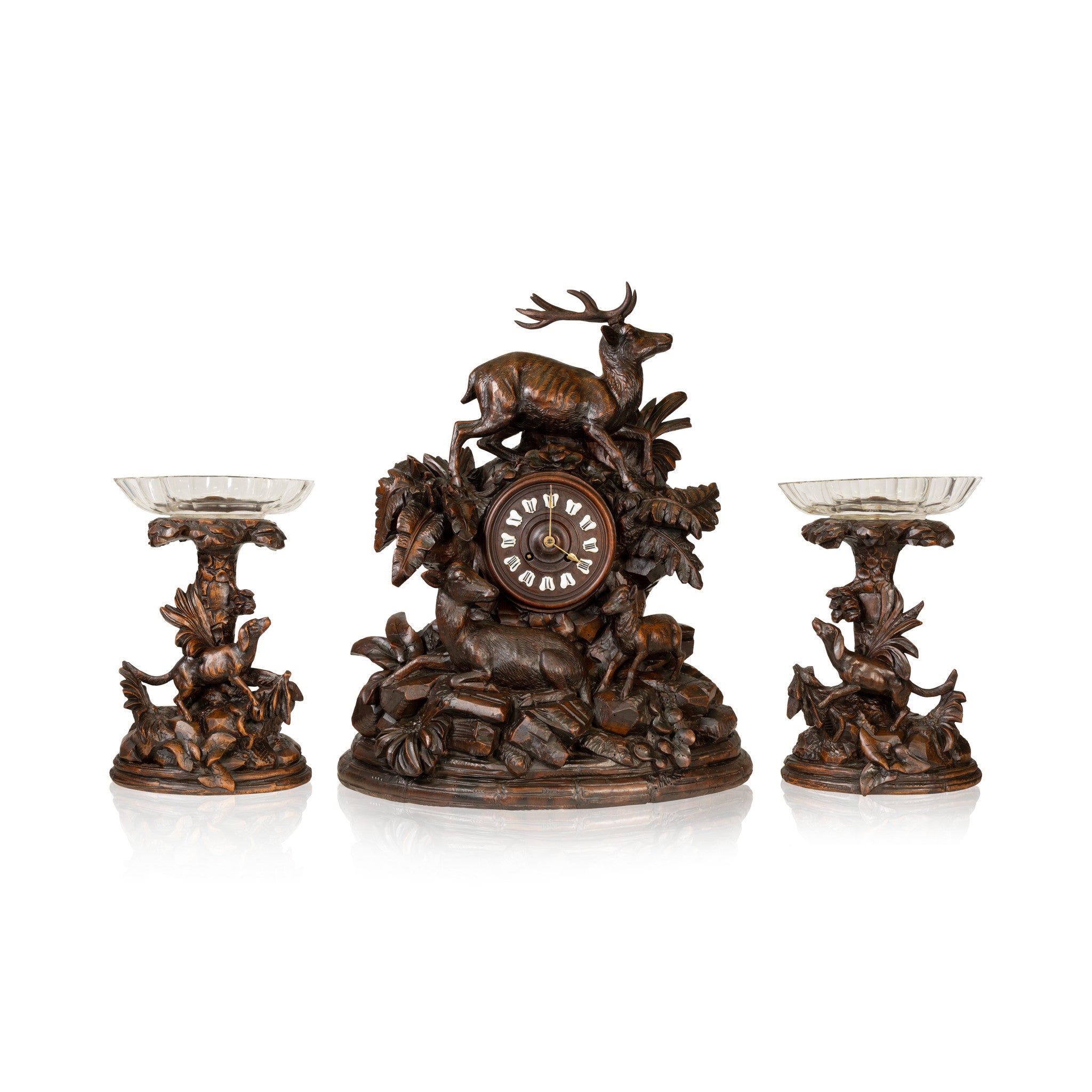 Black Forest Three Piece Clock Set, Furnishings, Black Forest, Clock