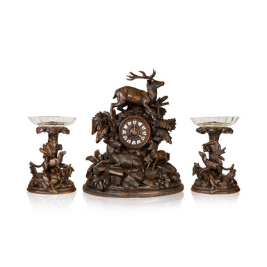 Black Forest Three Piece Clock Set, Furnishings, Black Forest, Clock