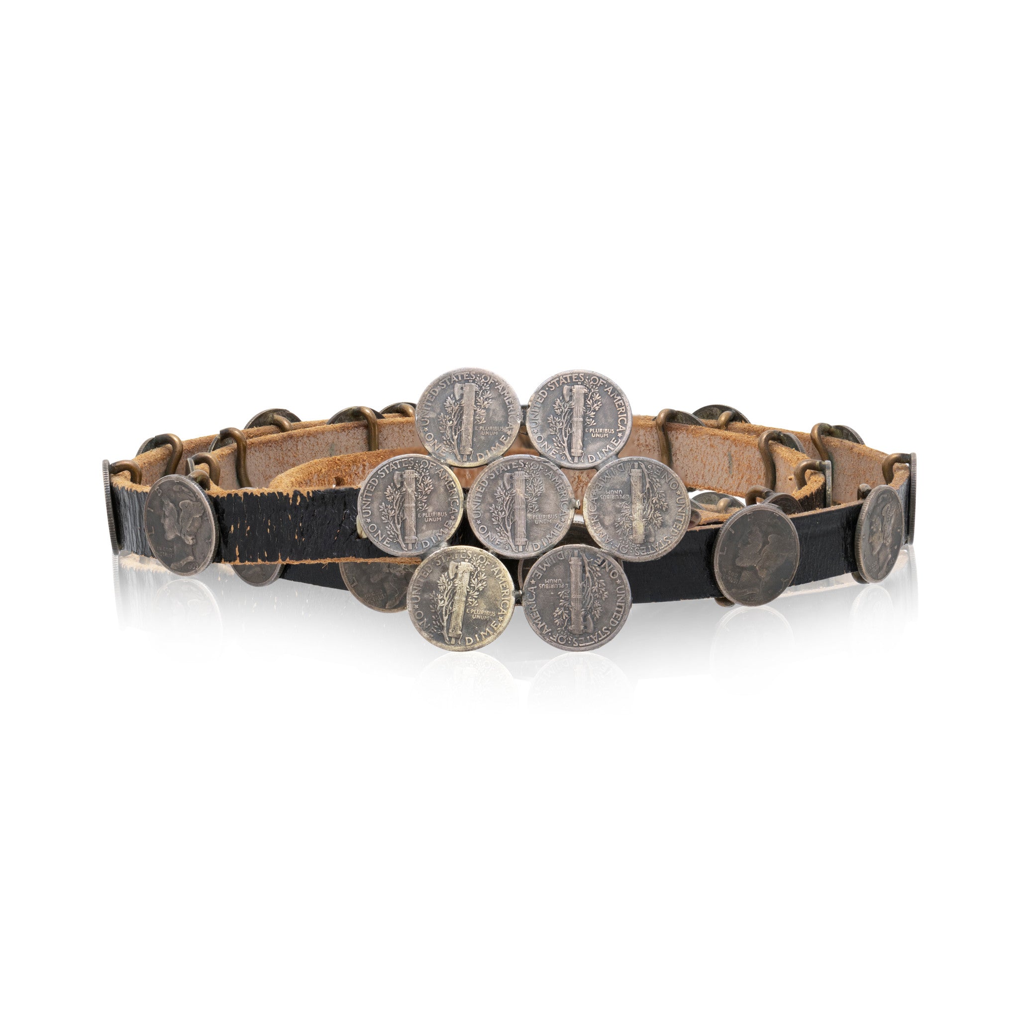 Navajo Sterling Dime and Leather Concho Belt, Jewelry, Belt, Native