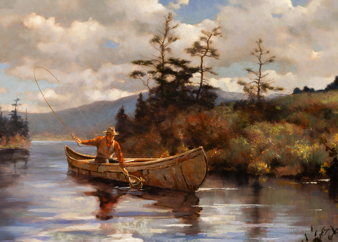 Greg Parker oil painting of fisherman fly fishing on a river for trout in a birchbark canoe.