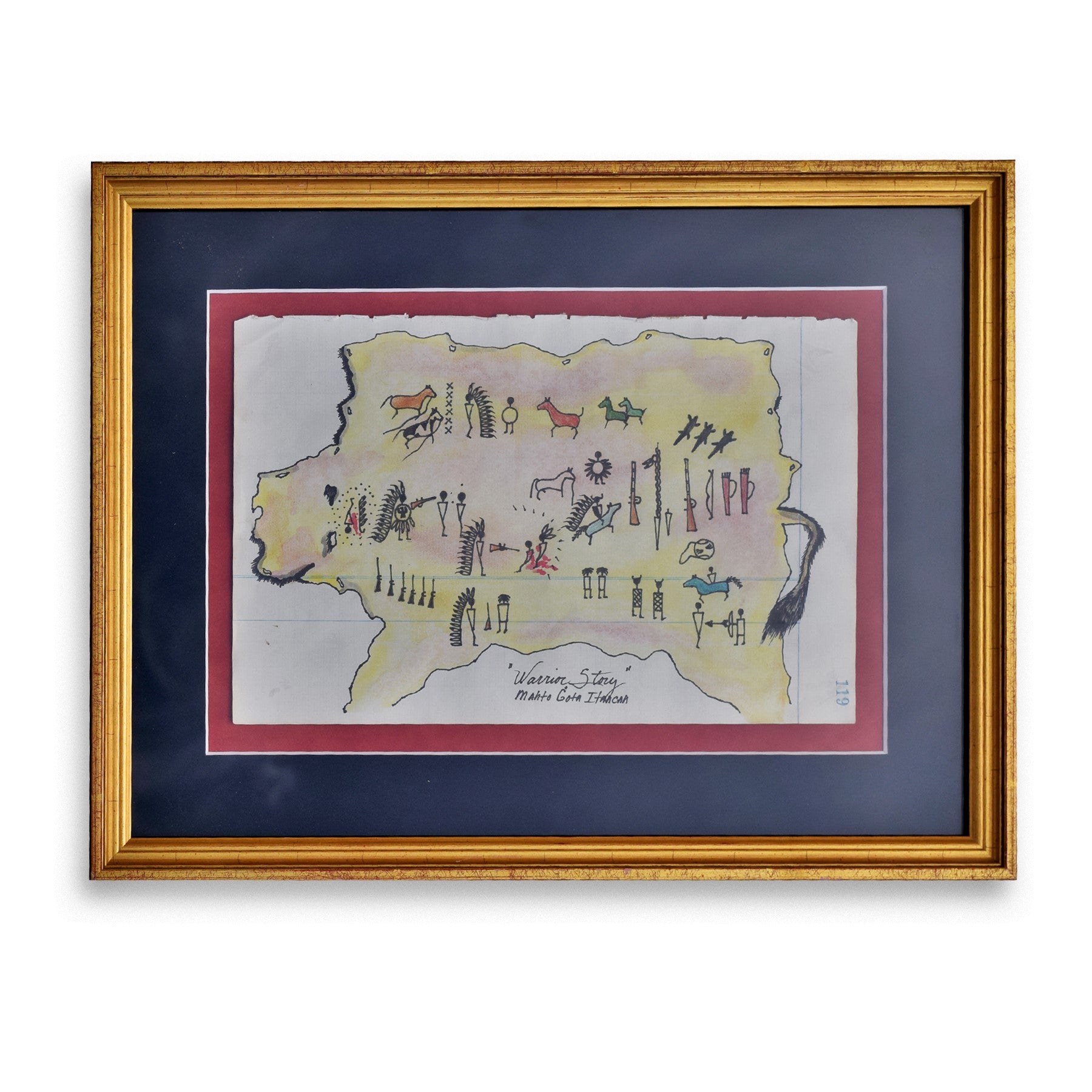 Hidatsa Sioux Warrior Story Ledger Drawing, Native, Art, Ledger Drawing