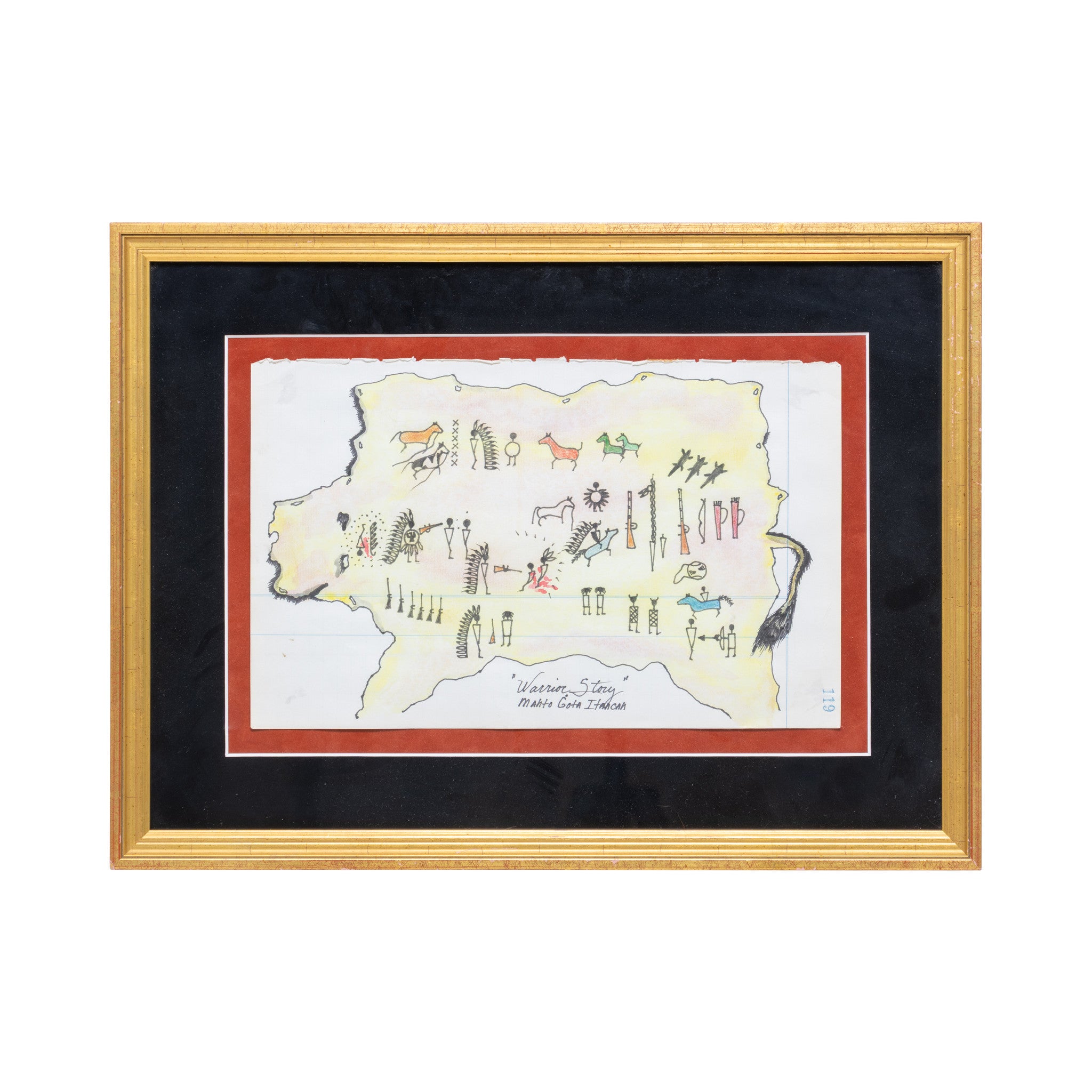 Hidatsa Warrior Story Ledger Drawing, Native, Art, Ledger Drawing