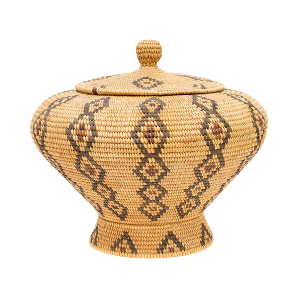 Yokuts Lidded Pedestal Basket, Native, Basketry, Vertical