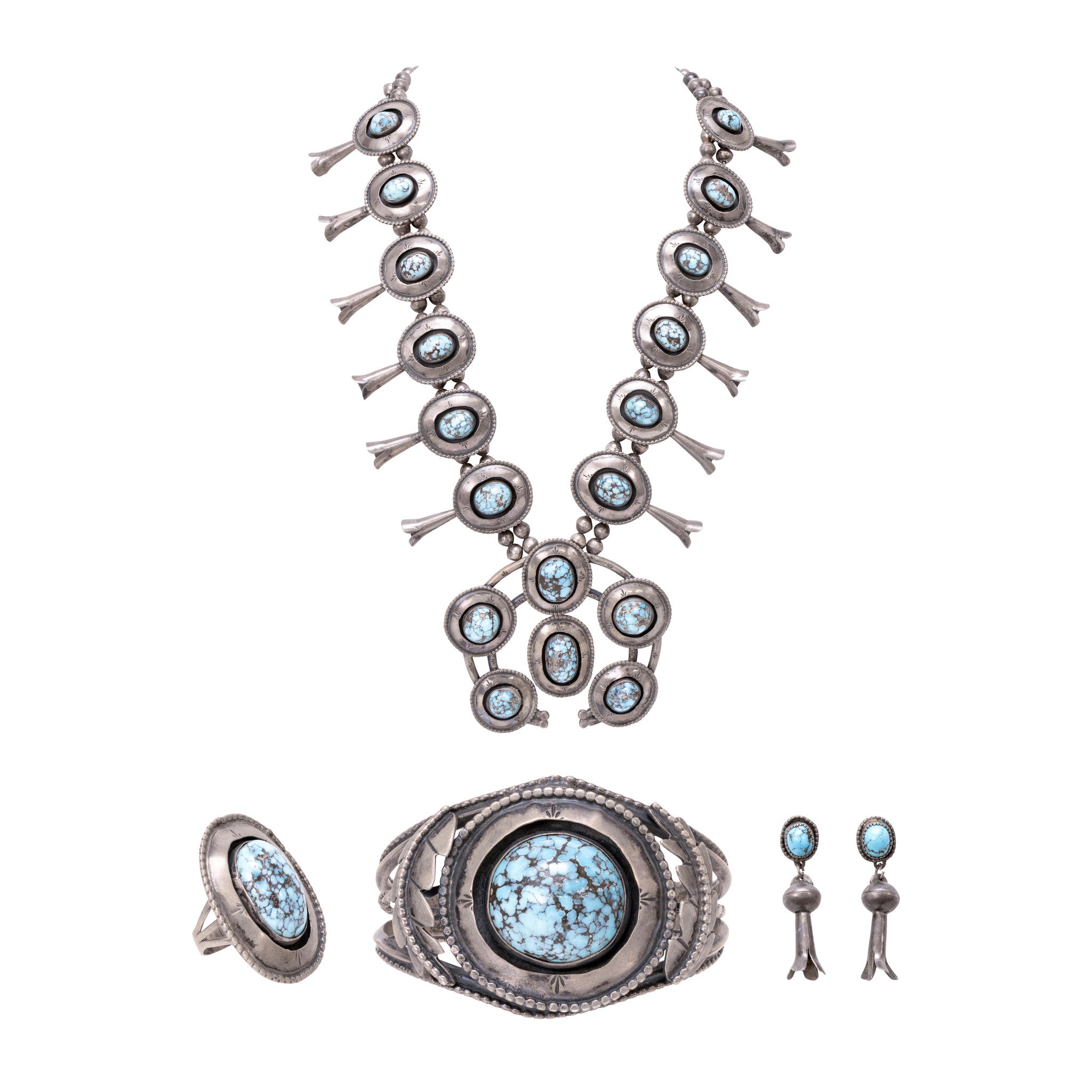 Navajo 5 Piece Turquoise Squash Blossom Set, Jewelry, Set, Native