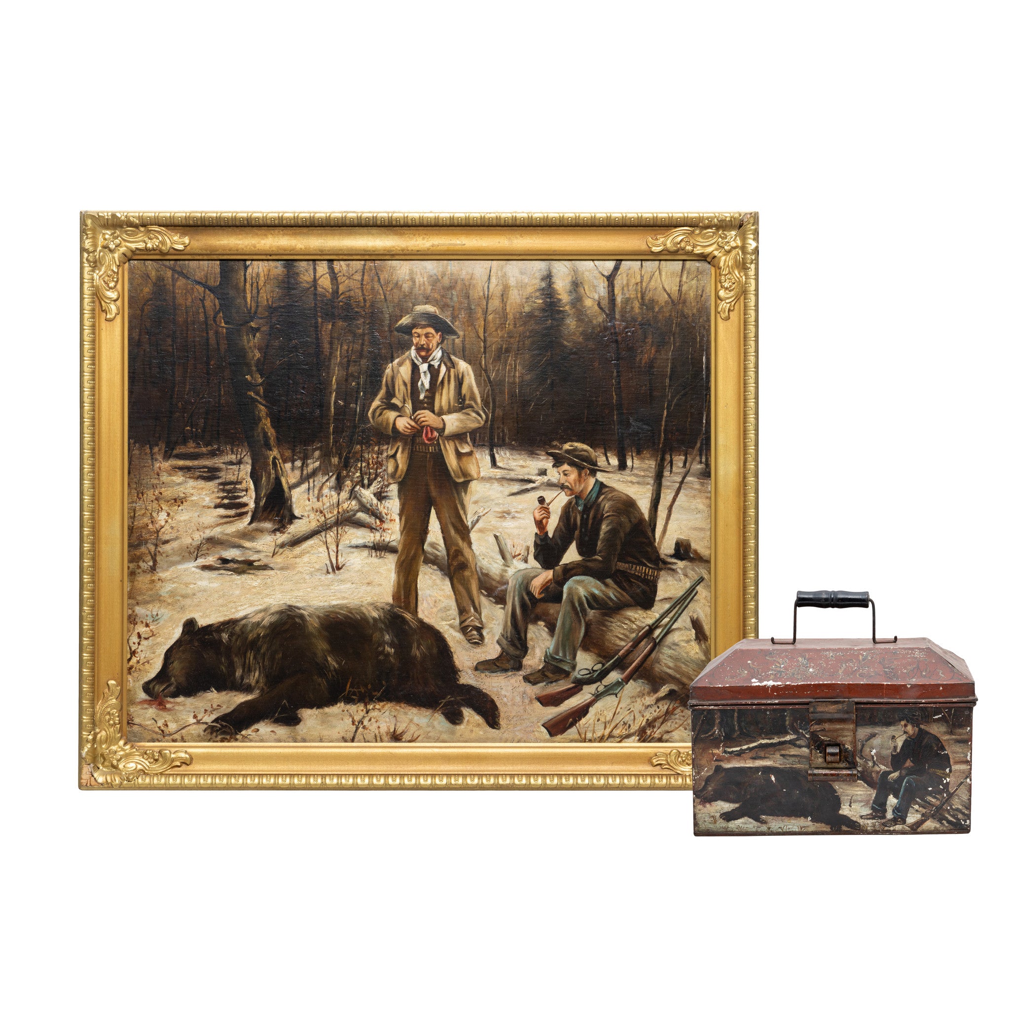Bear Hunting Scene and Tin Ammo Box, Fine Art, Painting, Sporting