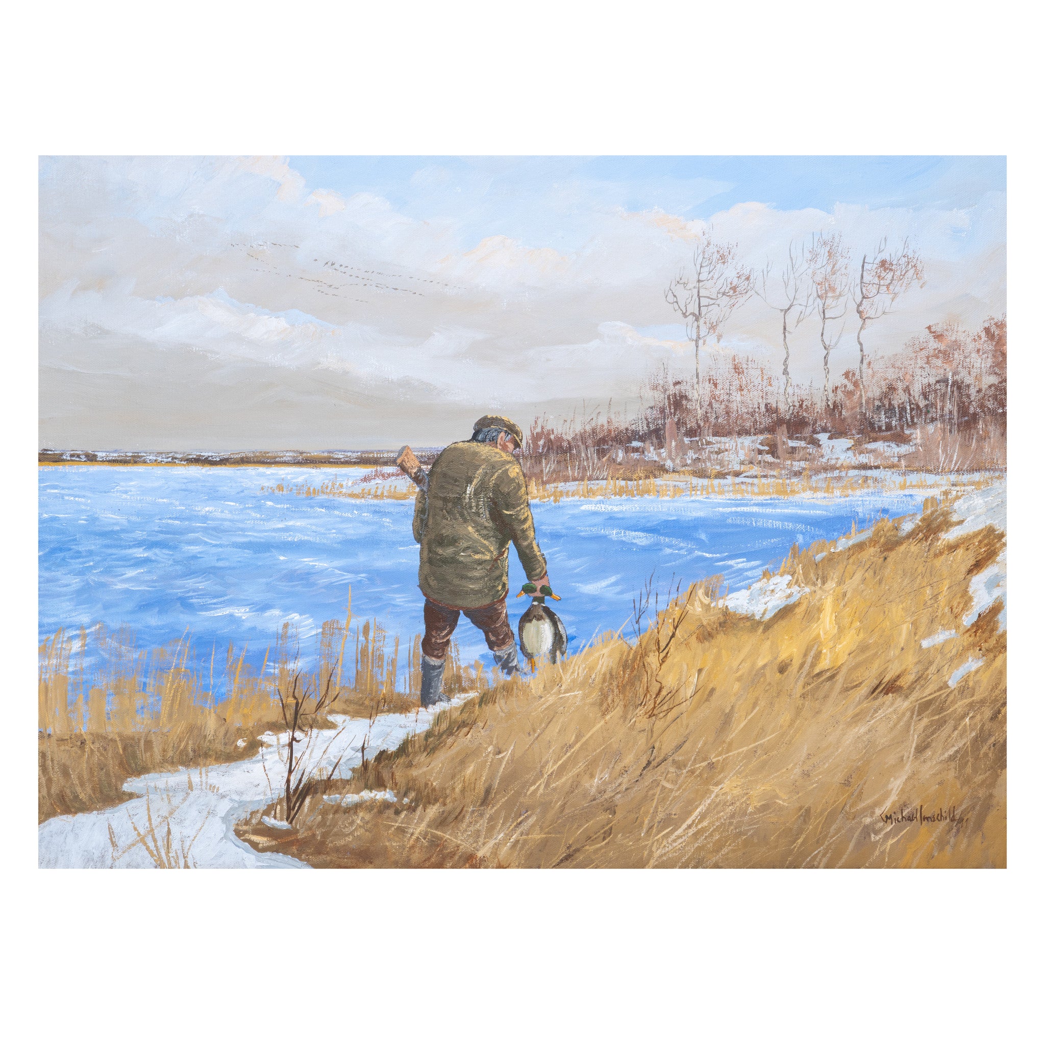 "Hunting Ducks Around First Snowfall" by Michael Lonechild, Fine Art, Painting, Sporting