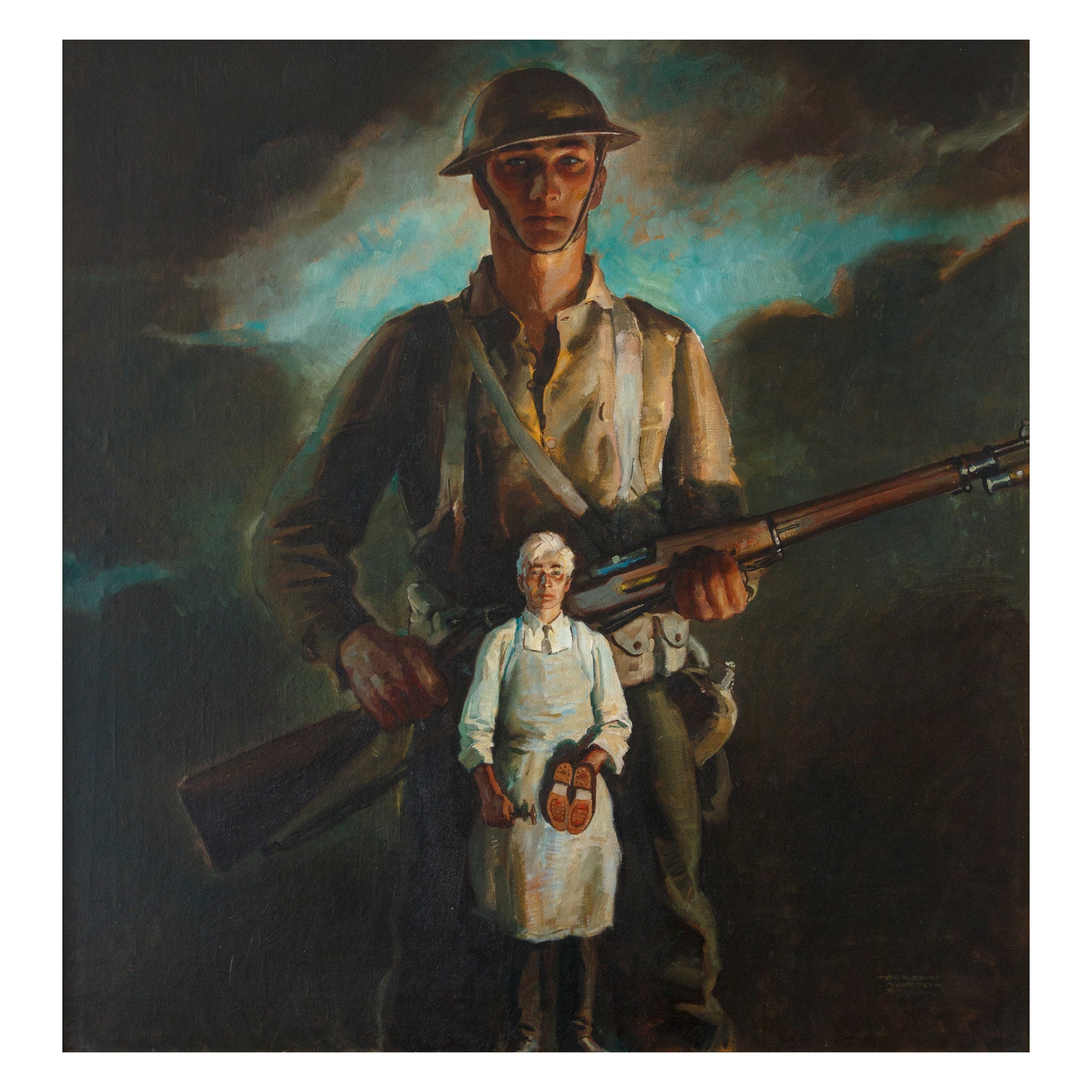 "A Doughboy with Shoemaker" by Herbert Morton Stoops, Fine Art, Painting, Other
