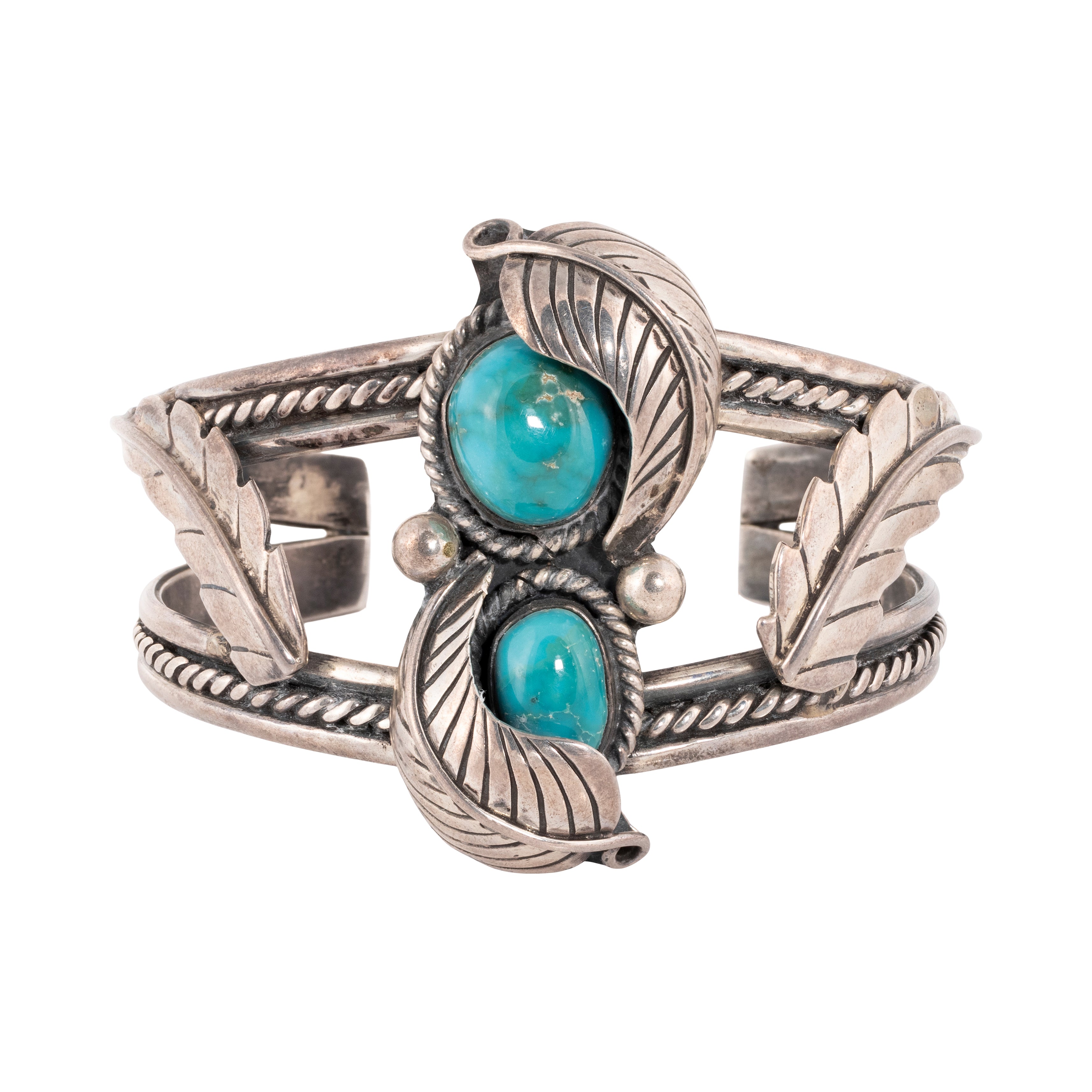 NavajoTwo Stone Bracelet with Silver Leaves, Jewelry, Bracelet, Native