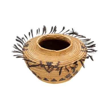 Feathered Polychrome Yokuts Basket, Native, Basketry, Vertical