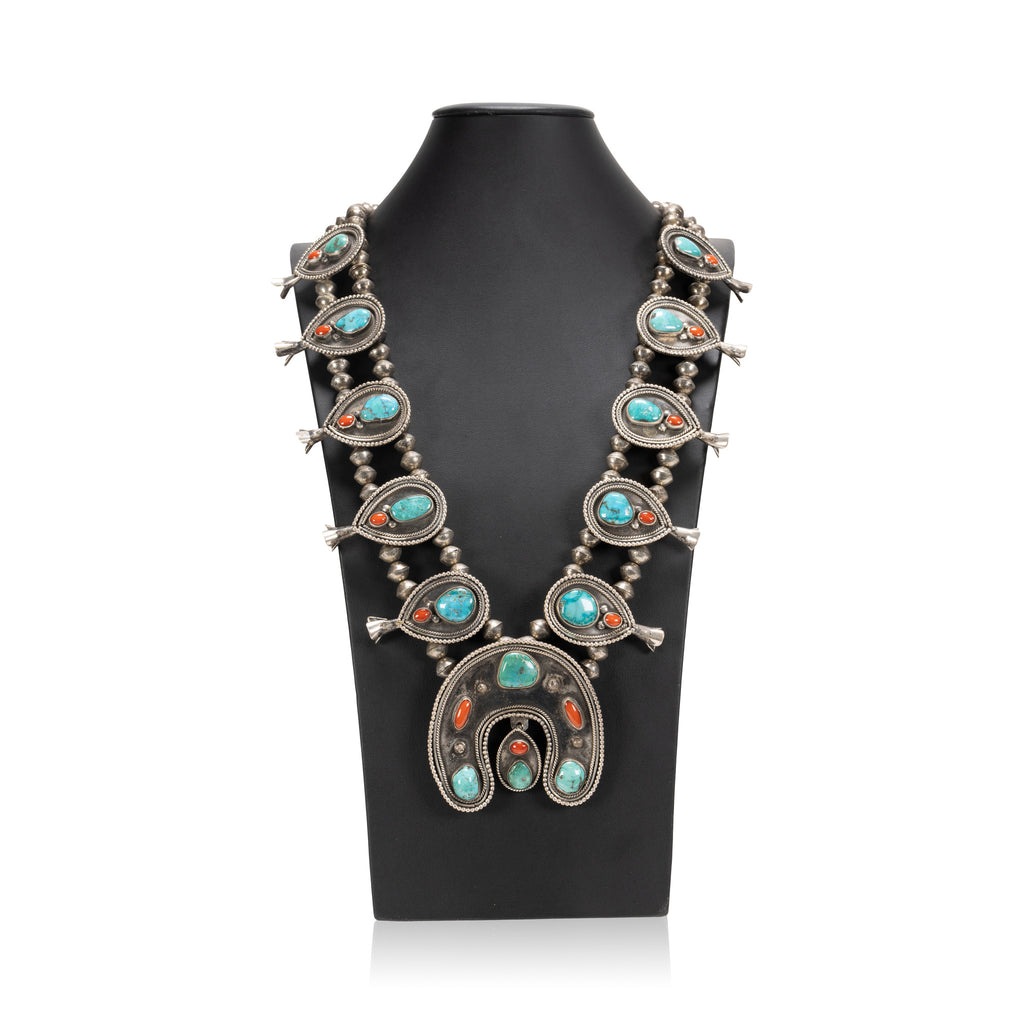 Museum Quality Vintage Navajo Coral Sterling Native American Jewelry Silver Squash Blossom Necklace Old