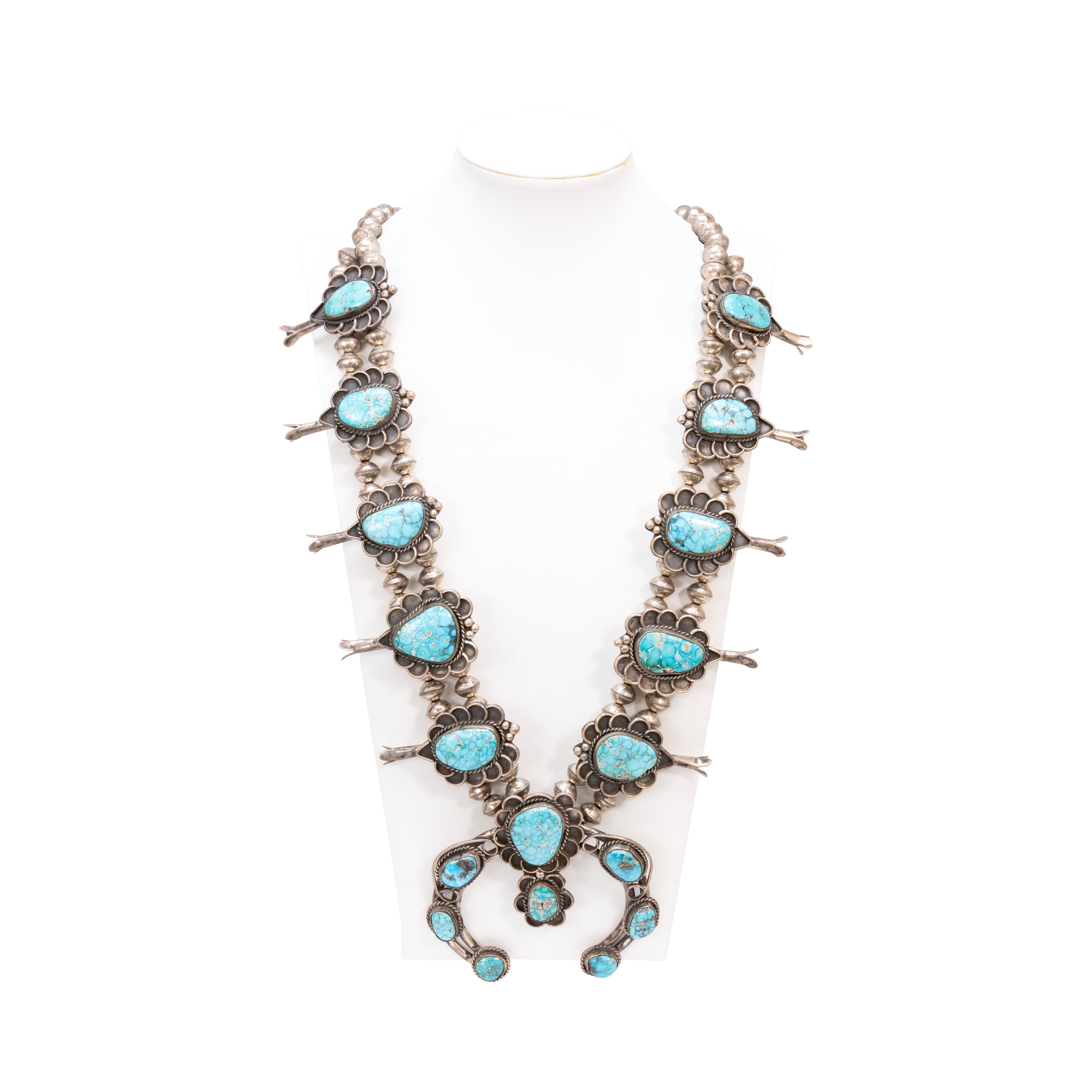 Navajo Kingman Squash Blossom Necklace