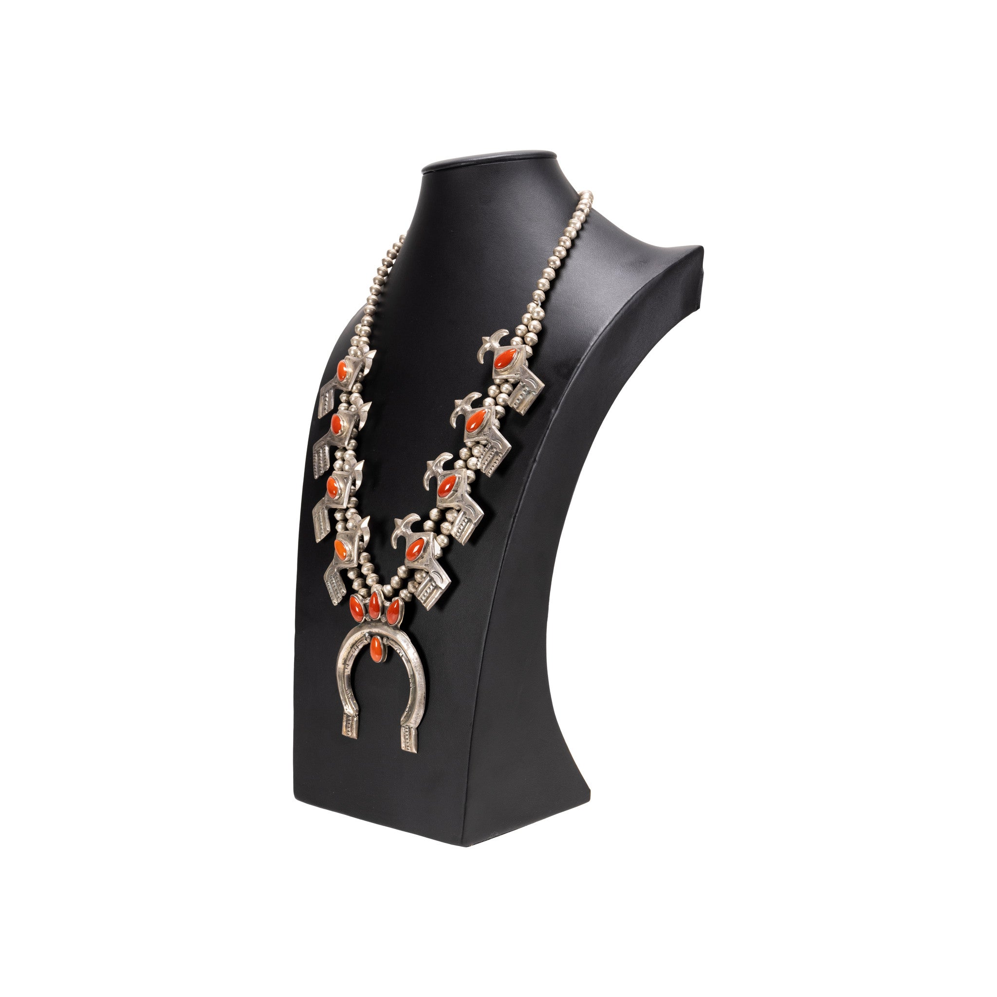 Navajo 12 Stone Coral Squash Blossom Necklace