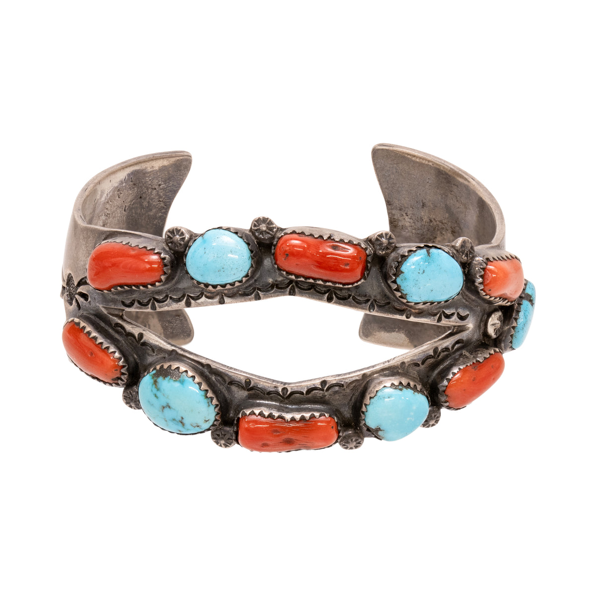 Native American Weaving Snake Vintage Zuni Chunky Coral Sterling Silver Bracelet