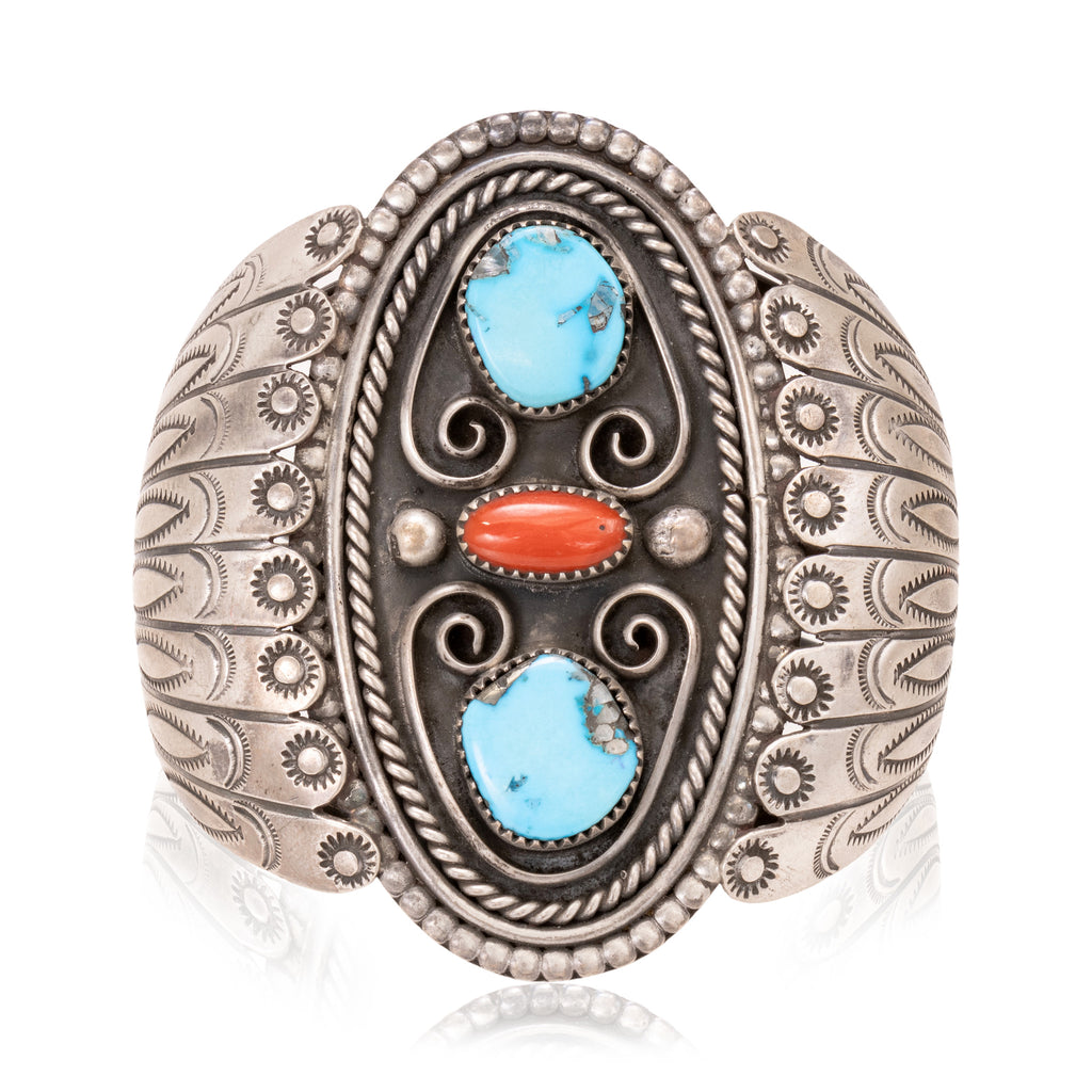 Navajo Turquoise & Coral Silver Bracelet Navajo Turquoise and Silver Bracelet with Red Coral by  main image 4